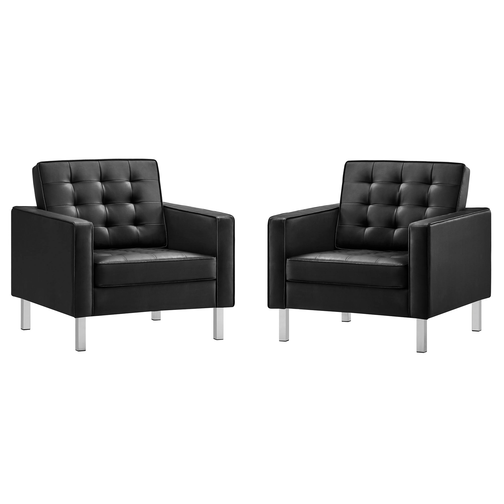 Loft Tufted Vegan Leather Armchairs - Set of 2 - Silver Black