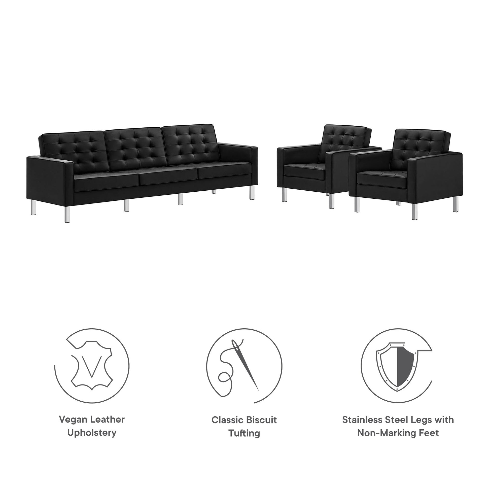 Loft Tufted Vegan Leather 3-Piece Furniture Set - Silver Gray