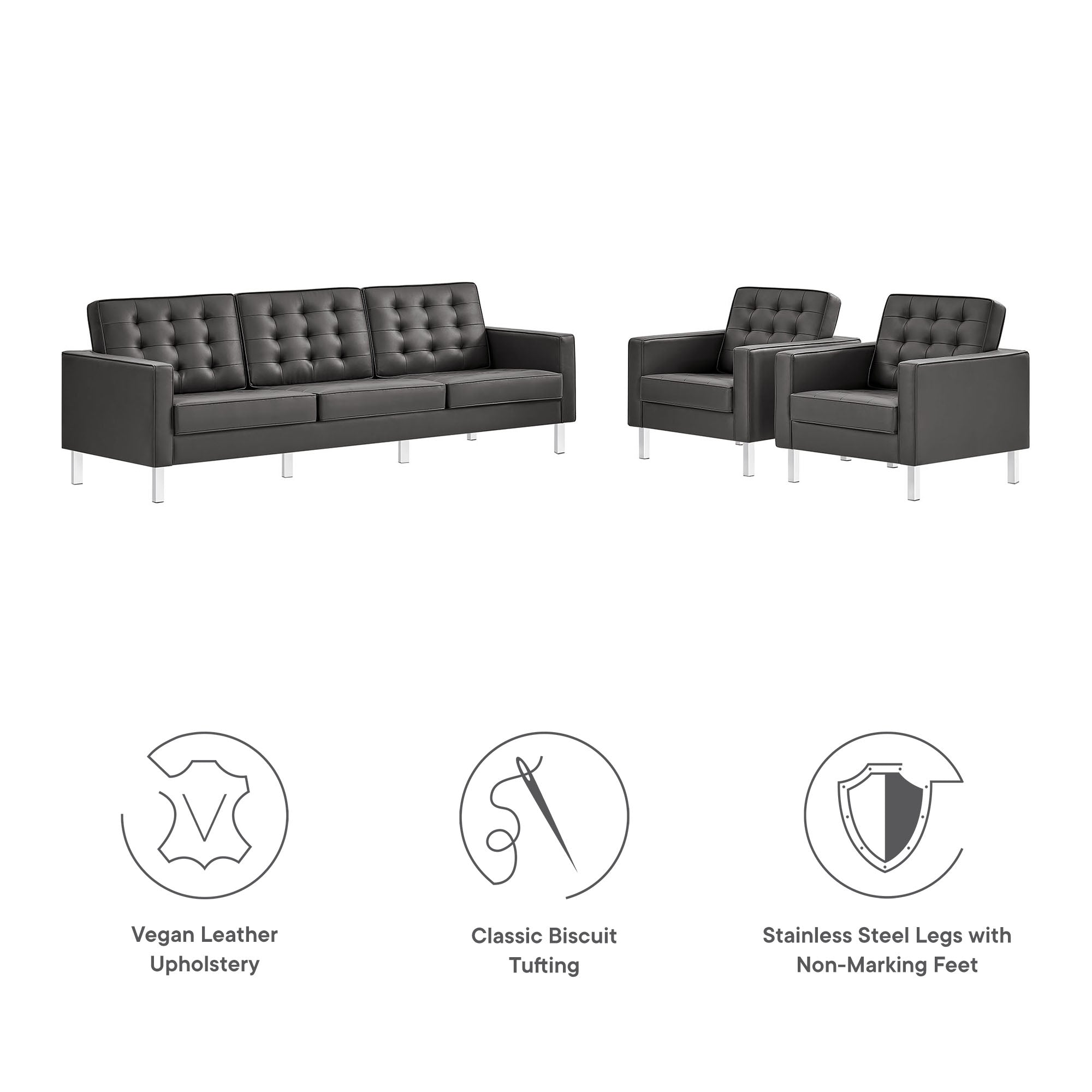 Loft Tufted Vegan Leather 3-Piece Furniture Set