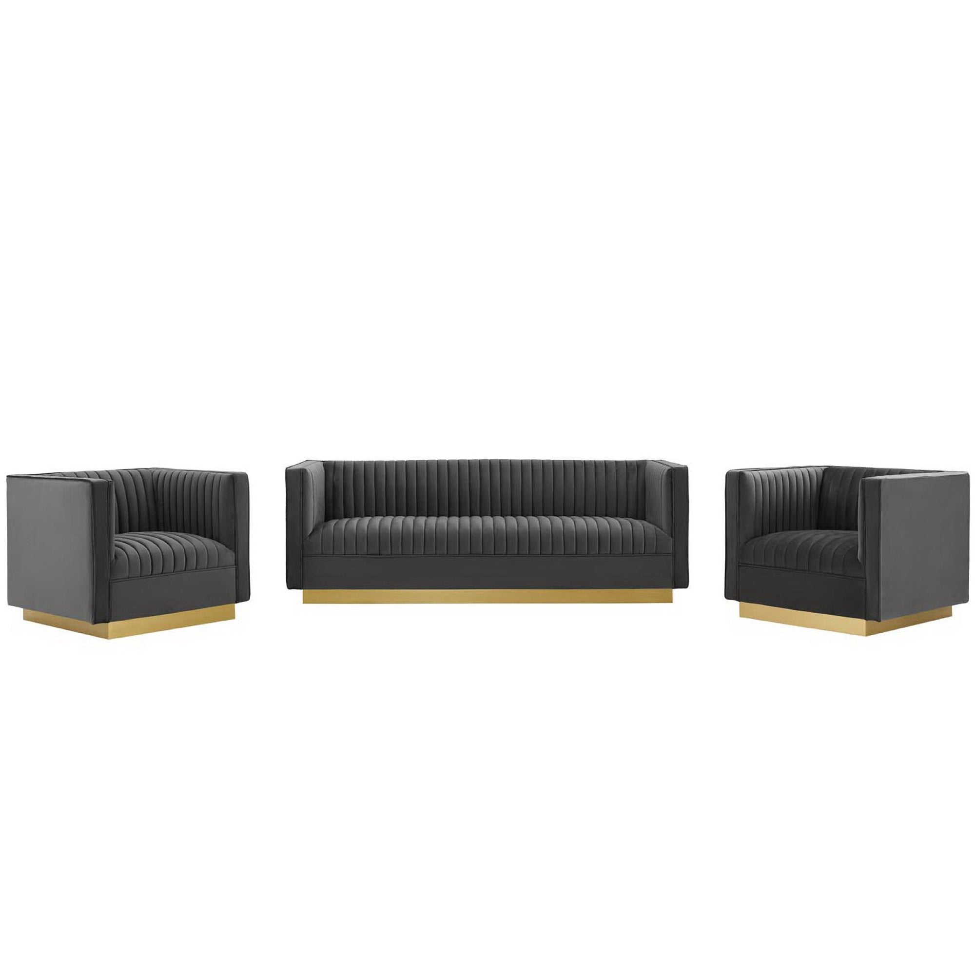 Sanguine 3 Piece Vertical Channel Tufted Upholstered Performance Velvet Set - Gray