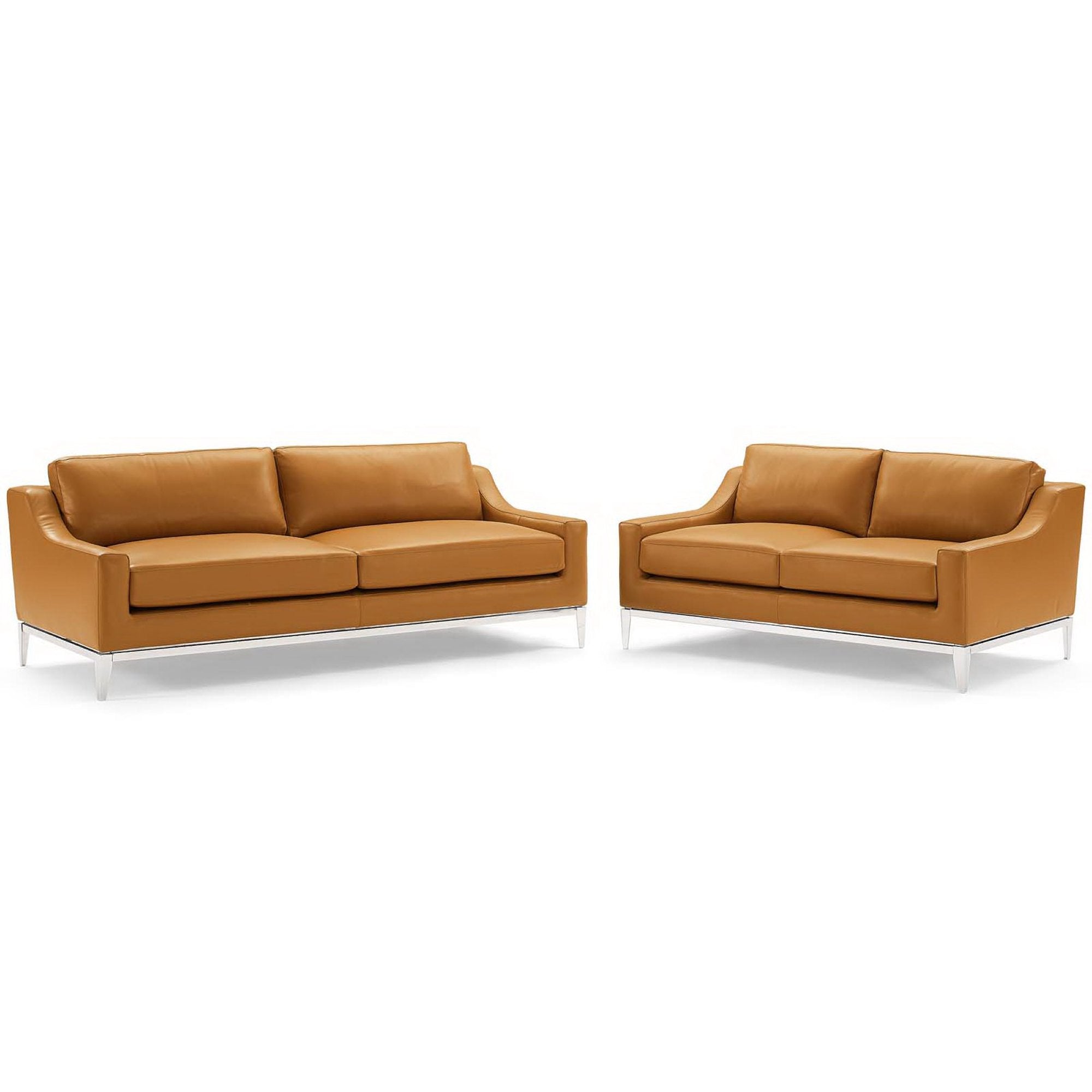 Harness Stainless Steel Base Leather Sofa and Loveseat Set - Tan