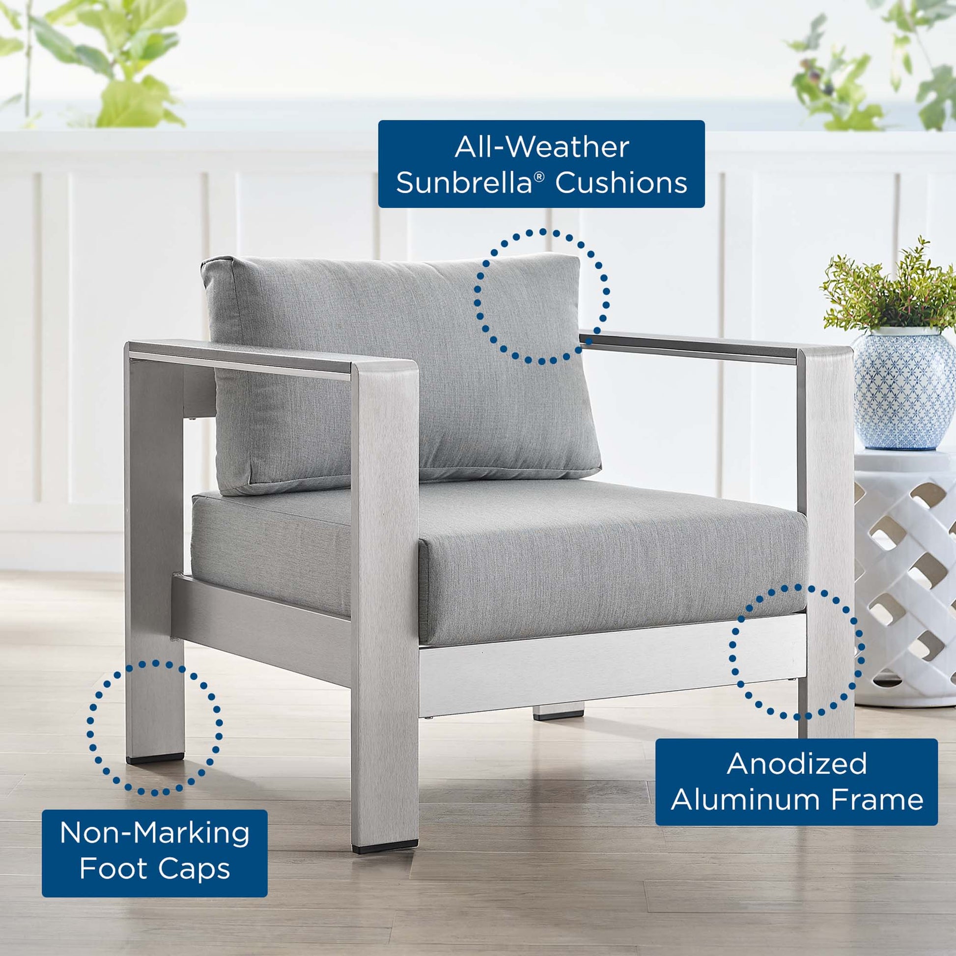 Shore Sunbrella® Fabric Aluminum Outdoor Patio Armchair - Silver Navy