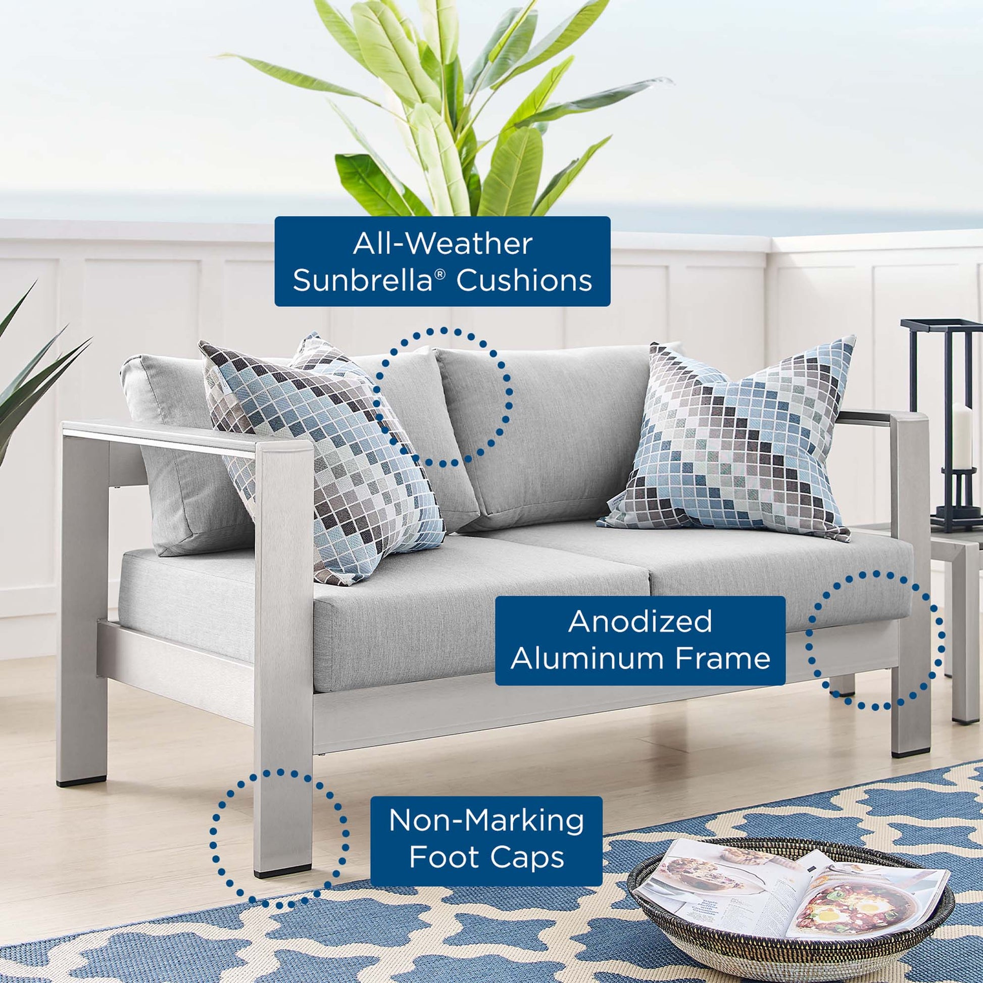 Shore Sunbrella® Fabric Aluminum Outdoor Patio Loveseat - Silver Navy