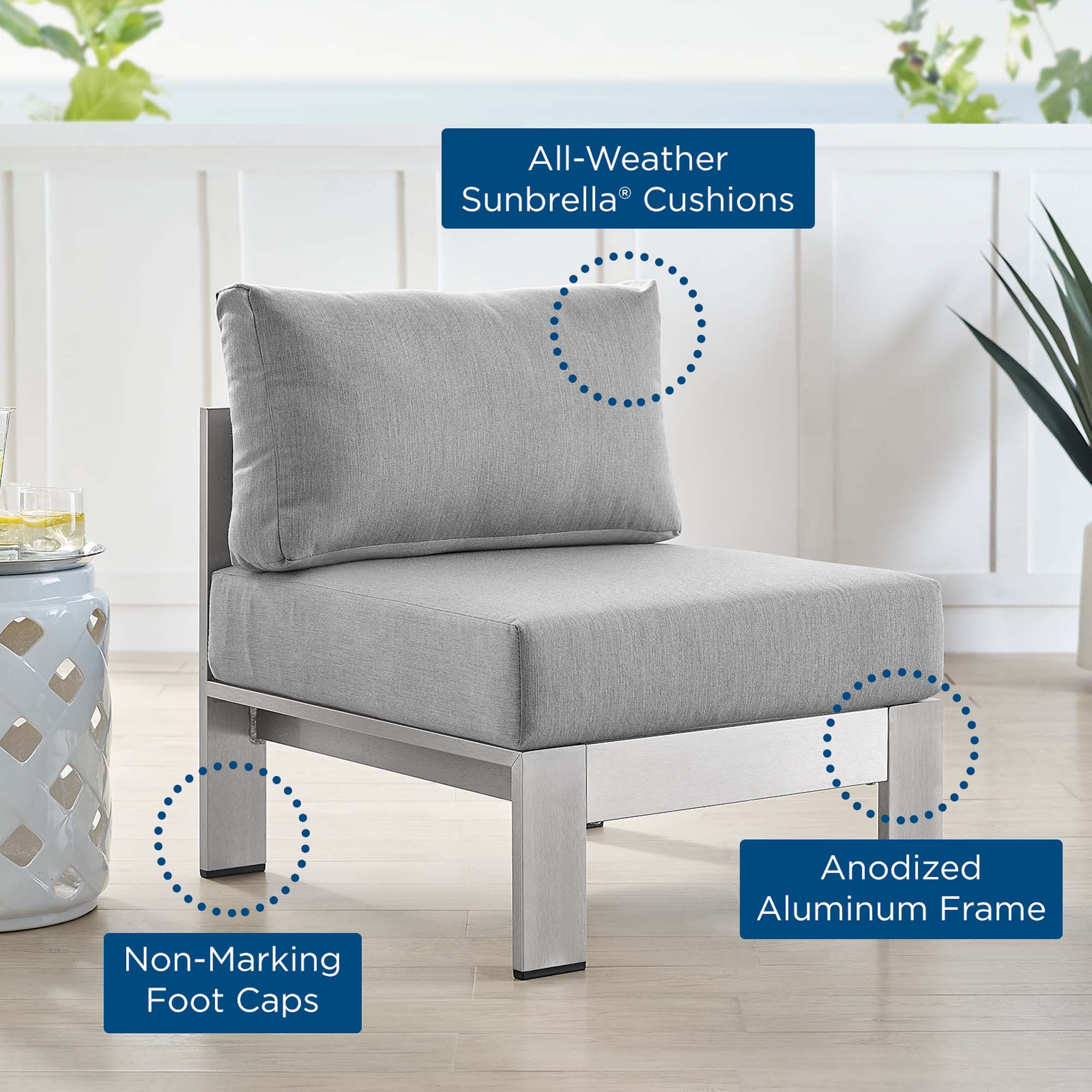 Shore Sunbrella® Fabric Aluminum Outdoor Armless Chair - Silver Navy