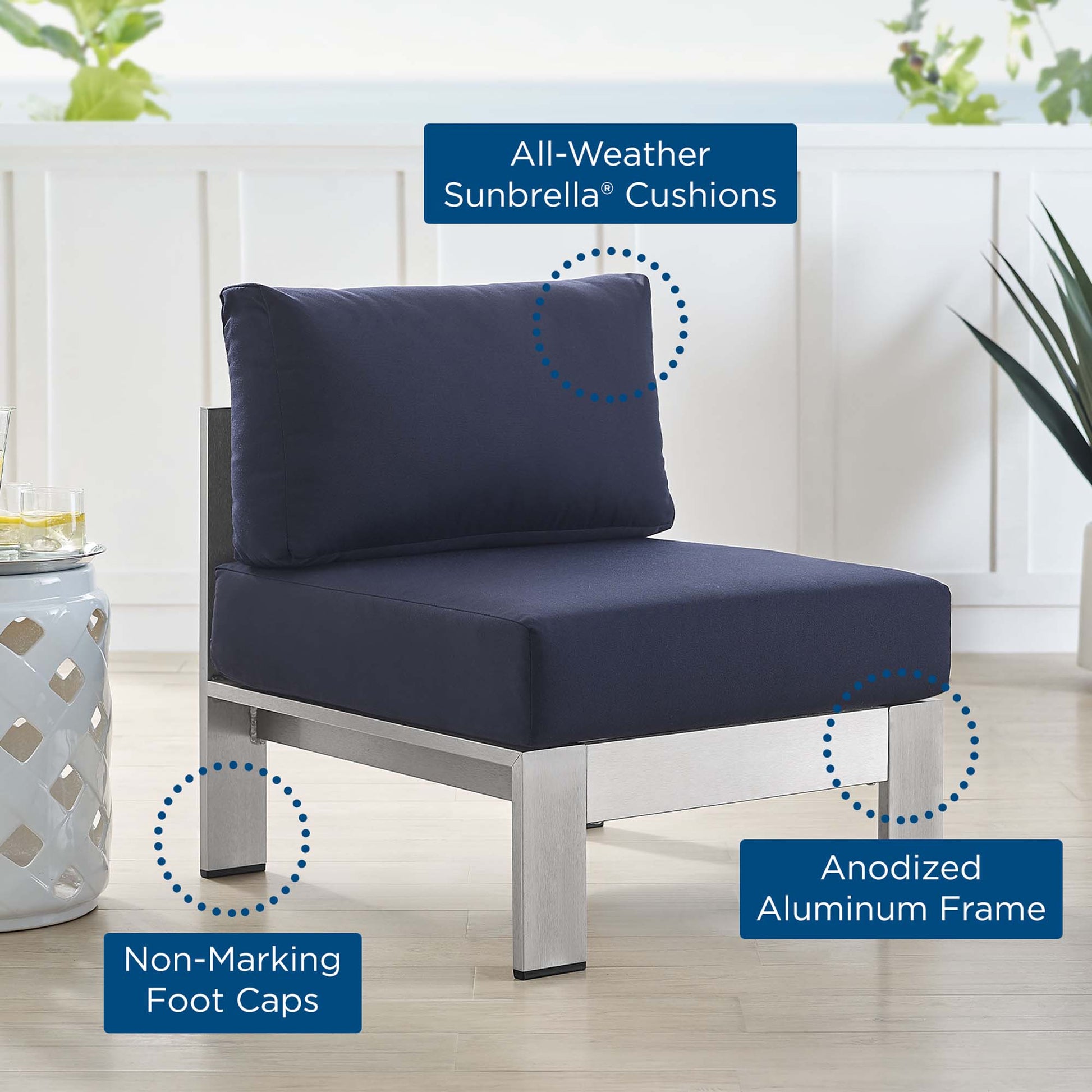 Shore Sunbrella® Fabric Aluminum Outdoor Armless Chair