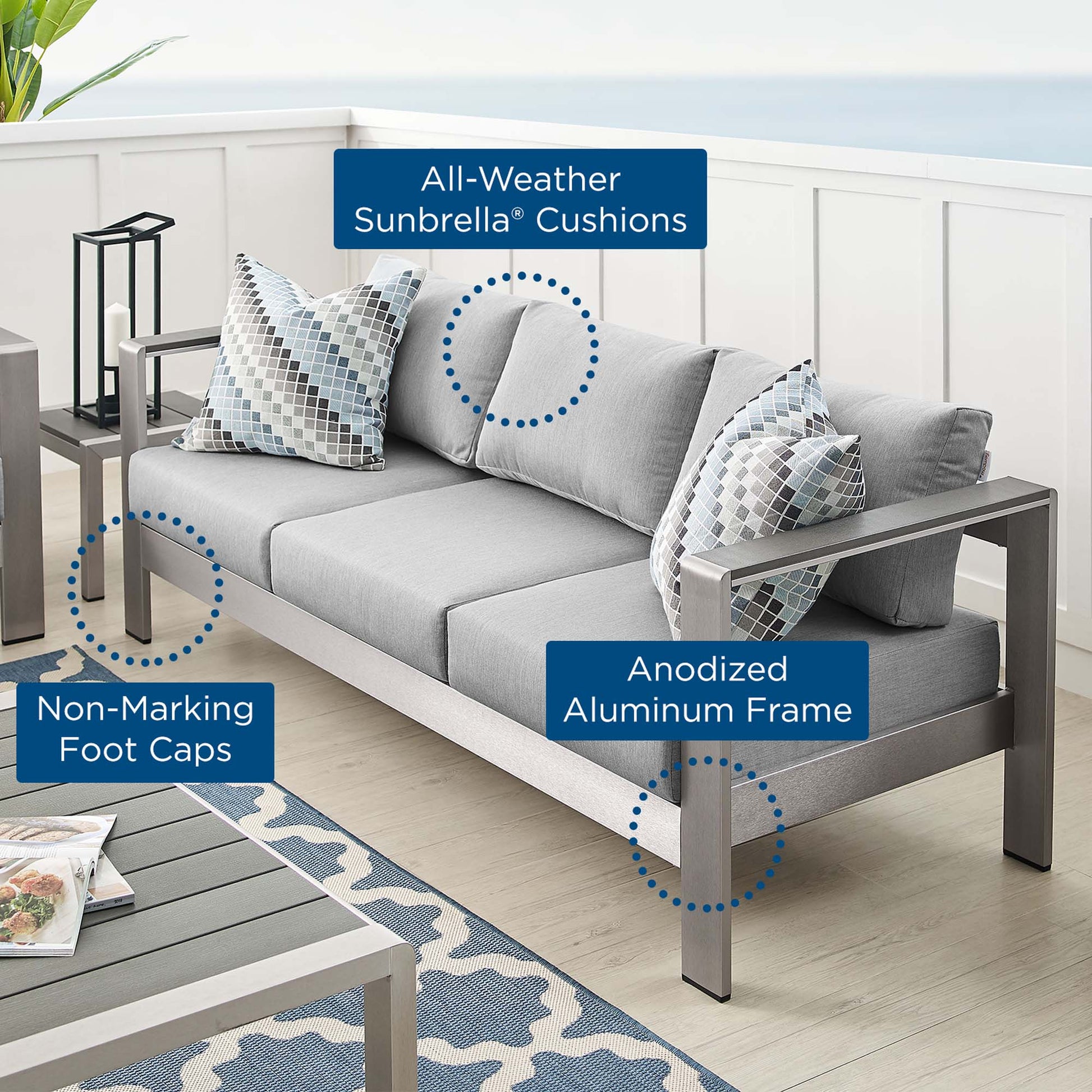 Shore Sunbrella® Fabric Aluminum Outdoor Patio Sofa - Silver Navy