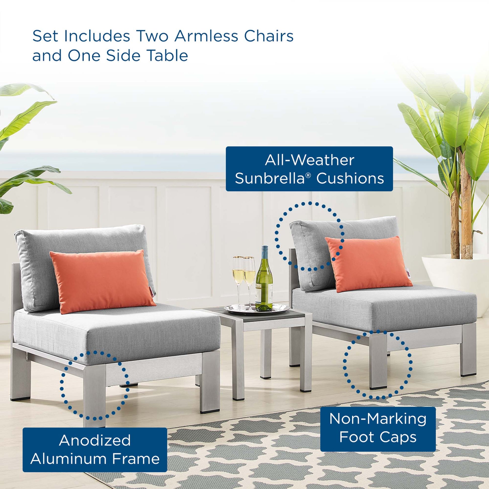 Shore 3 Piece Sunbrella® Fabric Outdoor Aluminum Set