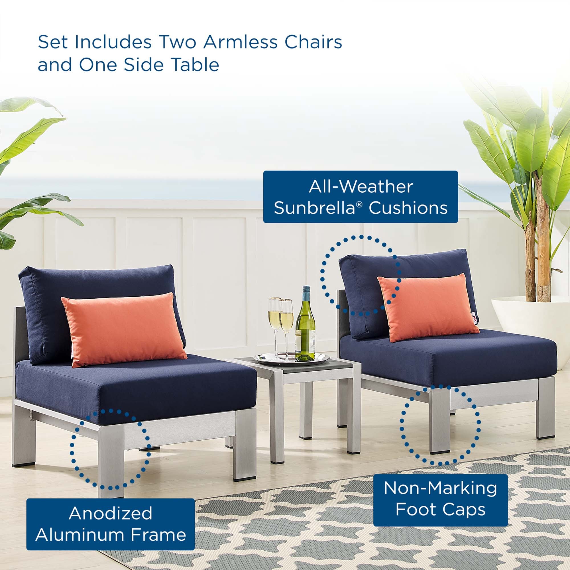 Shore 3 Piece Sunbrella® Fabric Outdoor Aluminum Set