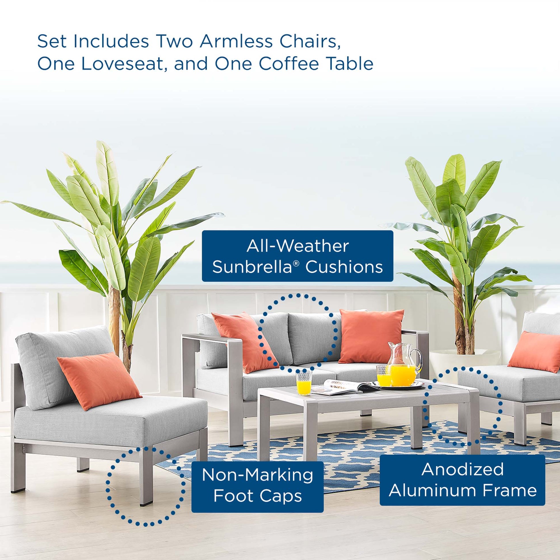 Shore 4 Piece Sunbrella® Fabric Outdoor Aluminum Set