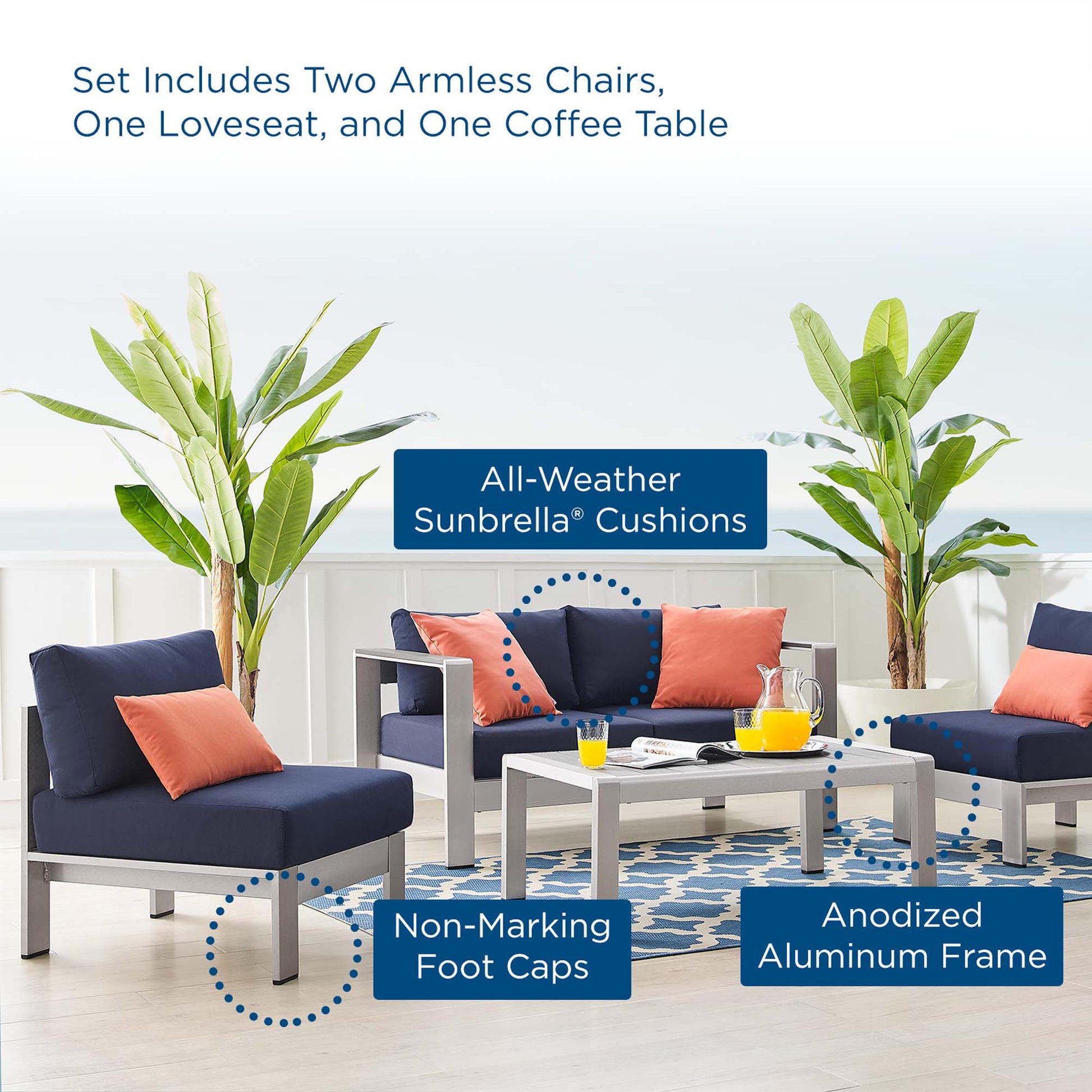 Shore 4 Piece Sunbrella® Fabric Outdoor Aluminum Set