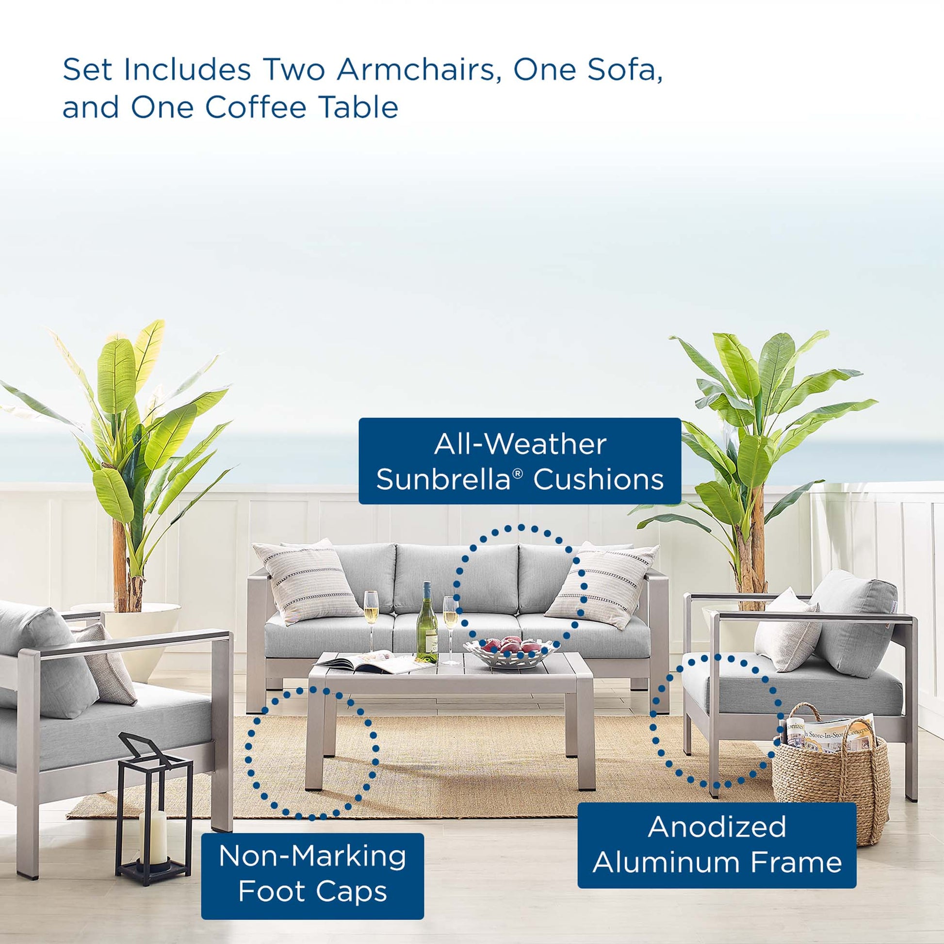 Shore Sunbrella® Fabric Outdoor Patio Aluminum 4 Piece Set