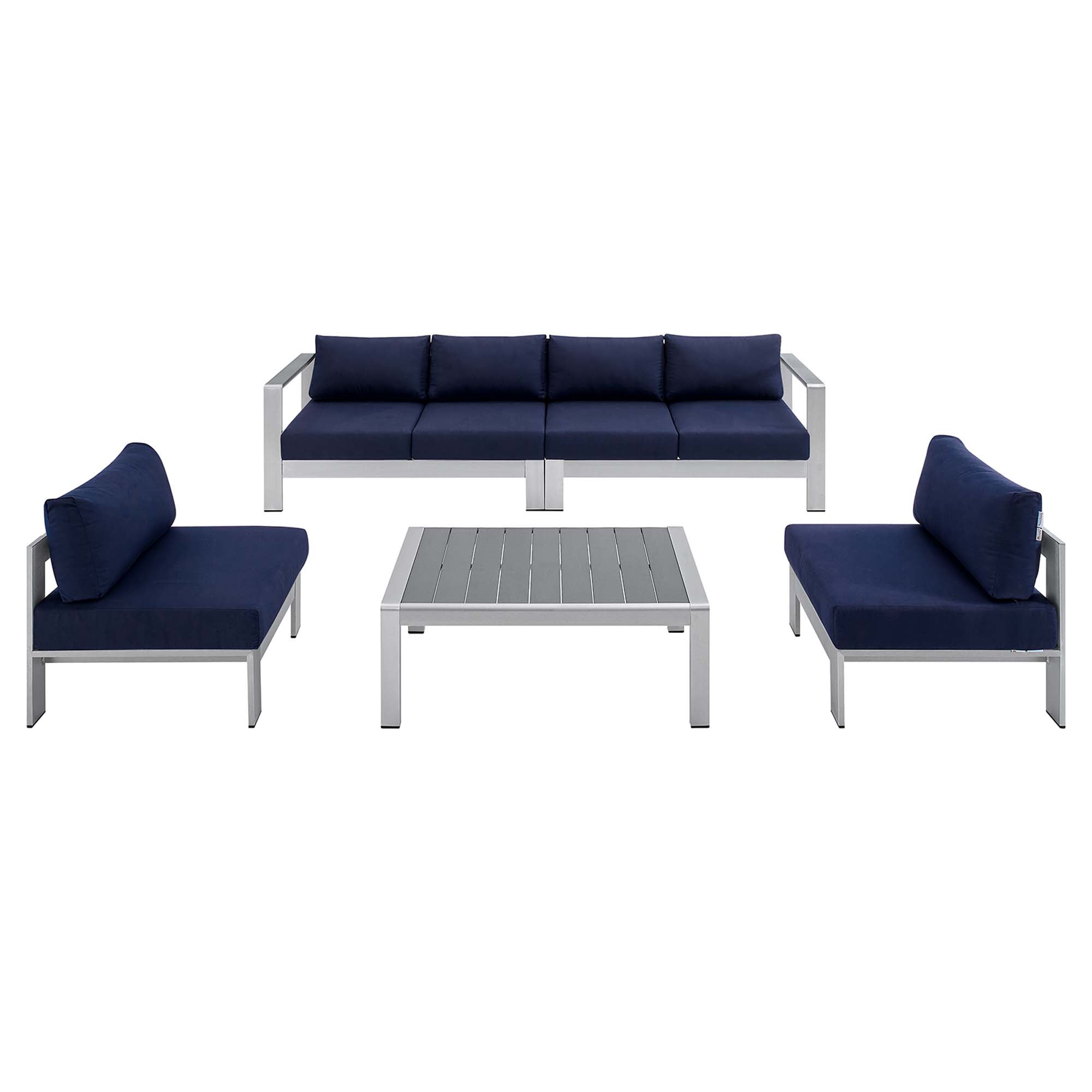 Shore 5 Piece Sunbrella® Fabric Outdoor Aluminum Sectional Sofa Set - Silver Navy