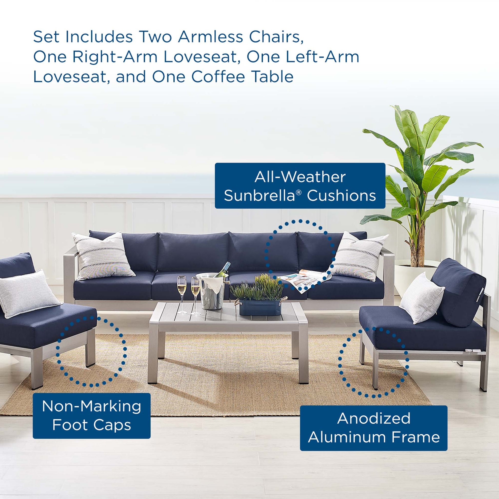 Shore 5 Piece Sunbrella® Fabric Outdoor Aluminum Sectional Sofa Set