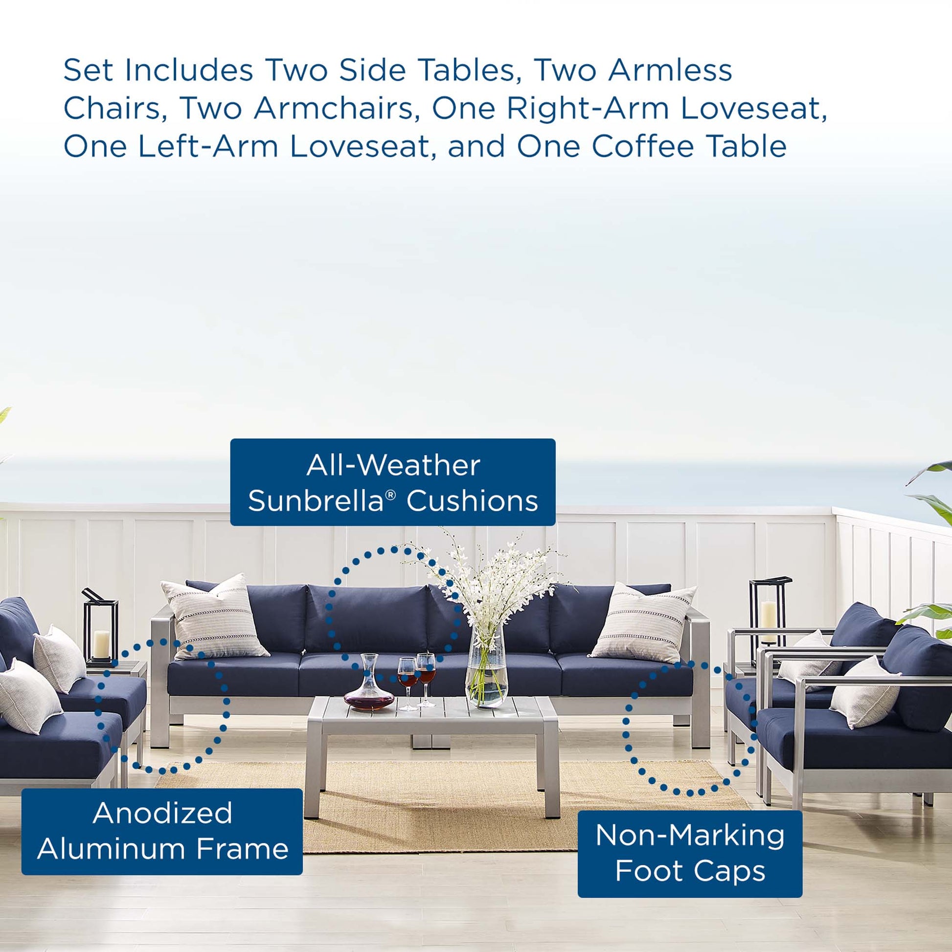 Shore 9 Piece Sunbrella® Fabric Outdoor Aluminum Sectional Sofa Set