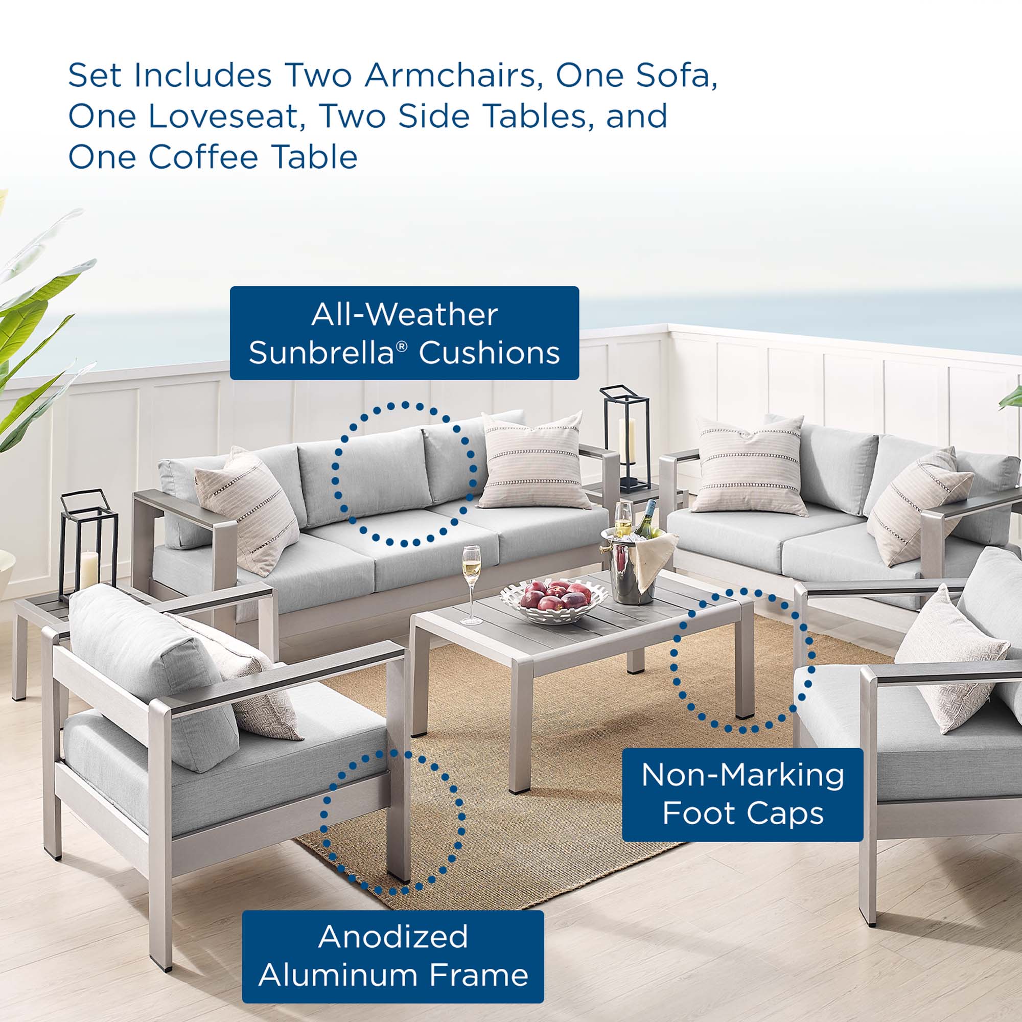 Shore Sunbrella® Fabric Outdoor Patio Aluminum 7 Piece Set