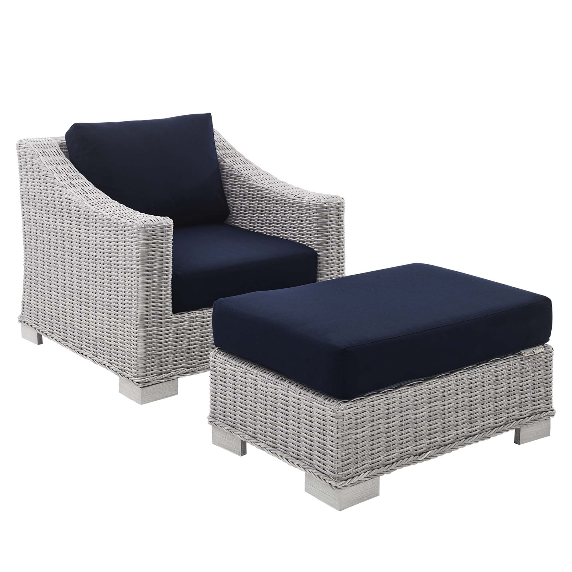 Conway 2-Piece Sunbrella® Outdoor Patio Wicker Rattan Armchair and Ottoman Set - Light Gray Navy