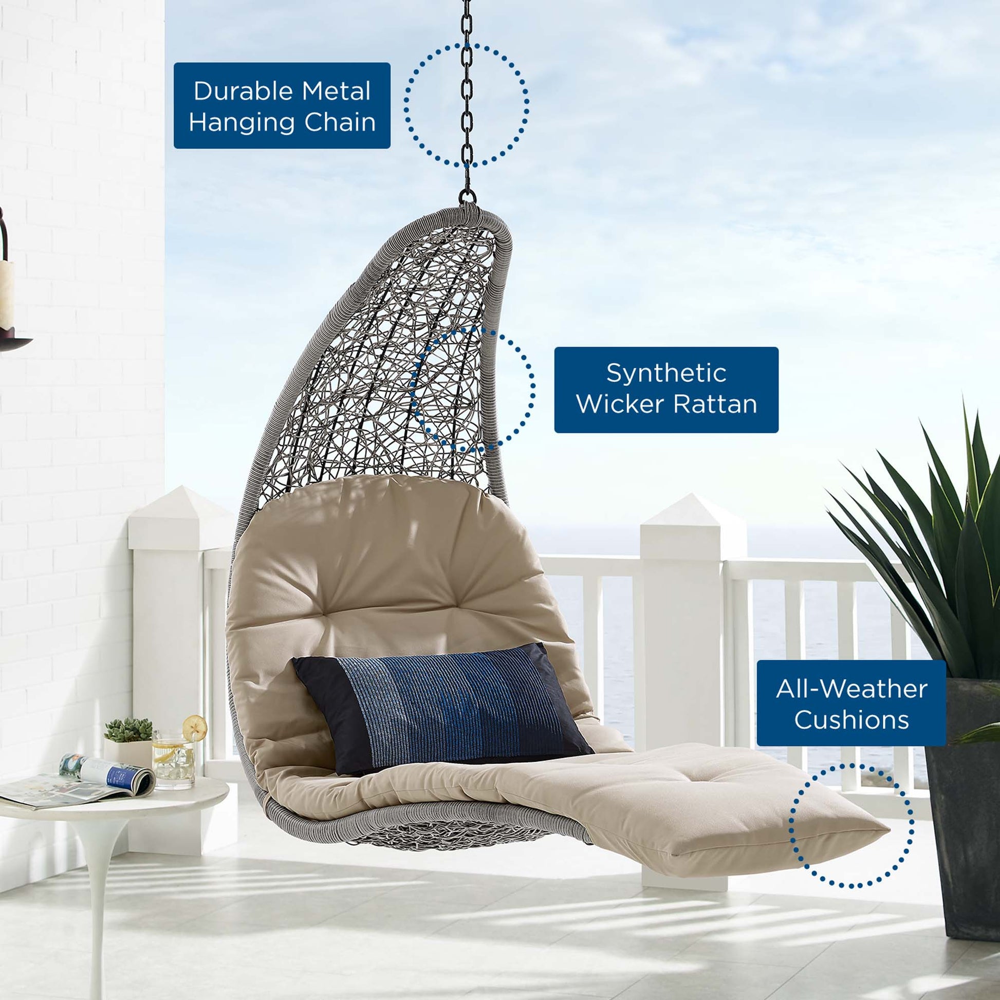 Landscape Hanging Chaise Lounge Outdoor Patio Swing Chair - Light Gray White