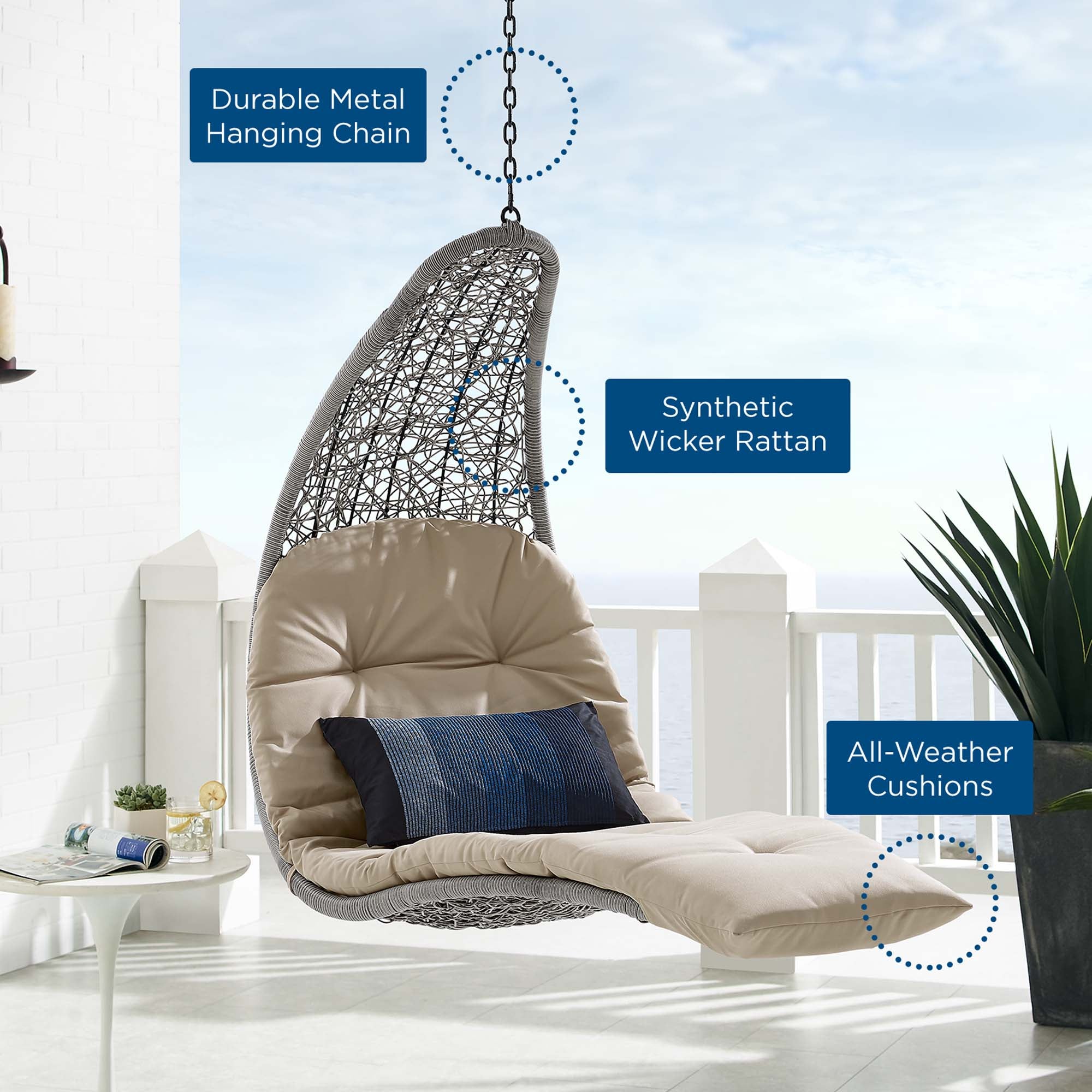 Landscape Hanging Chaise Lounge Outdoor Patio Swing Chair - Light Gray White