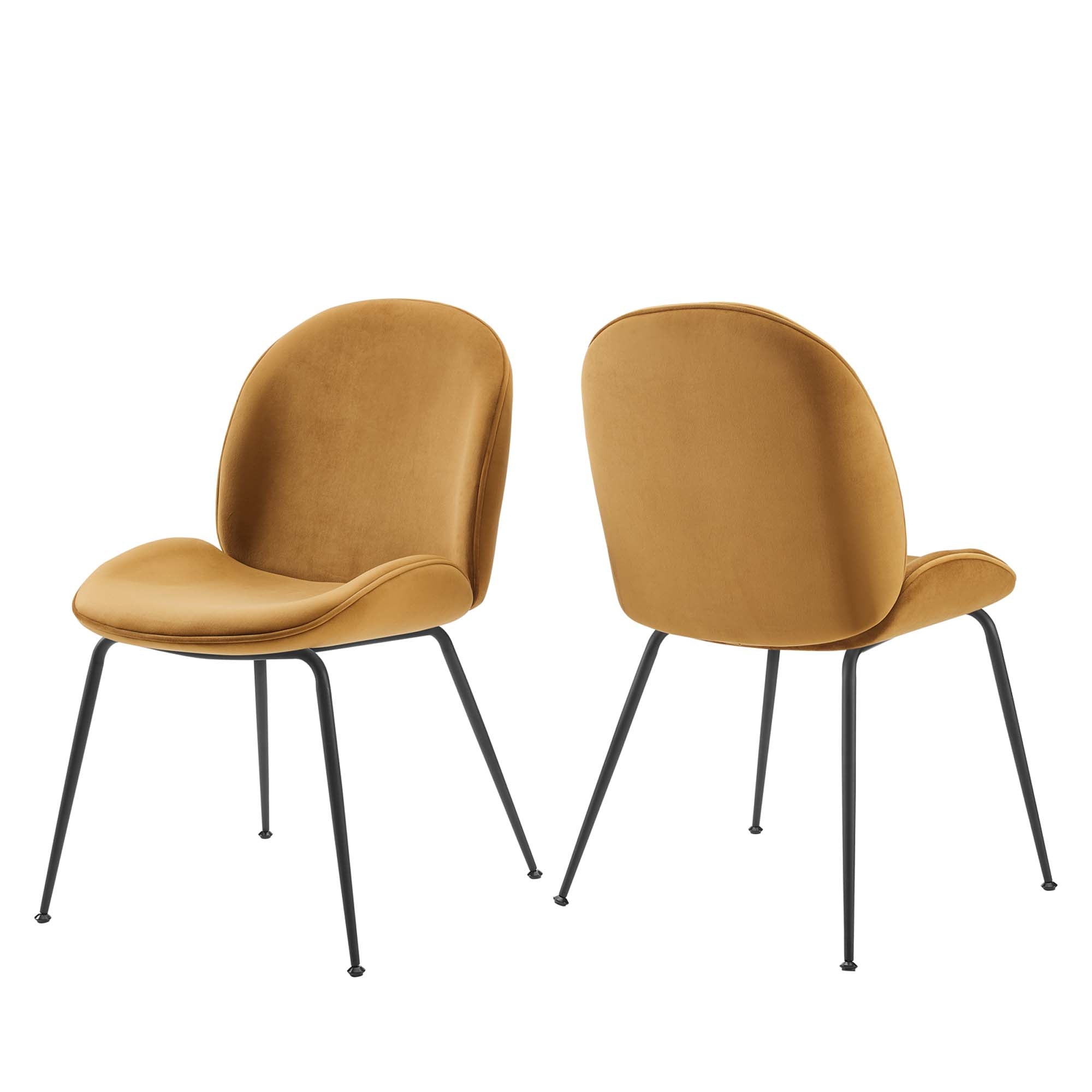 Scoop Black Powder Coated Steel Leg Performance Velvet Dining Chairs - Set of 2 - Cognac