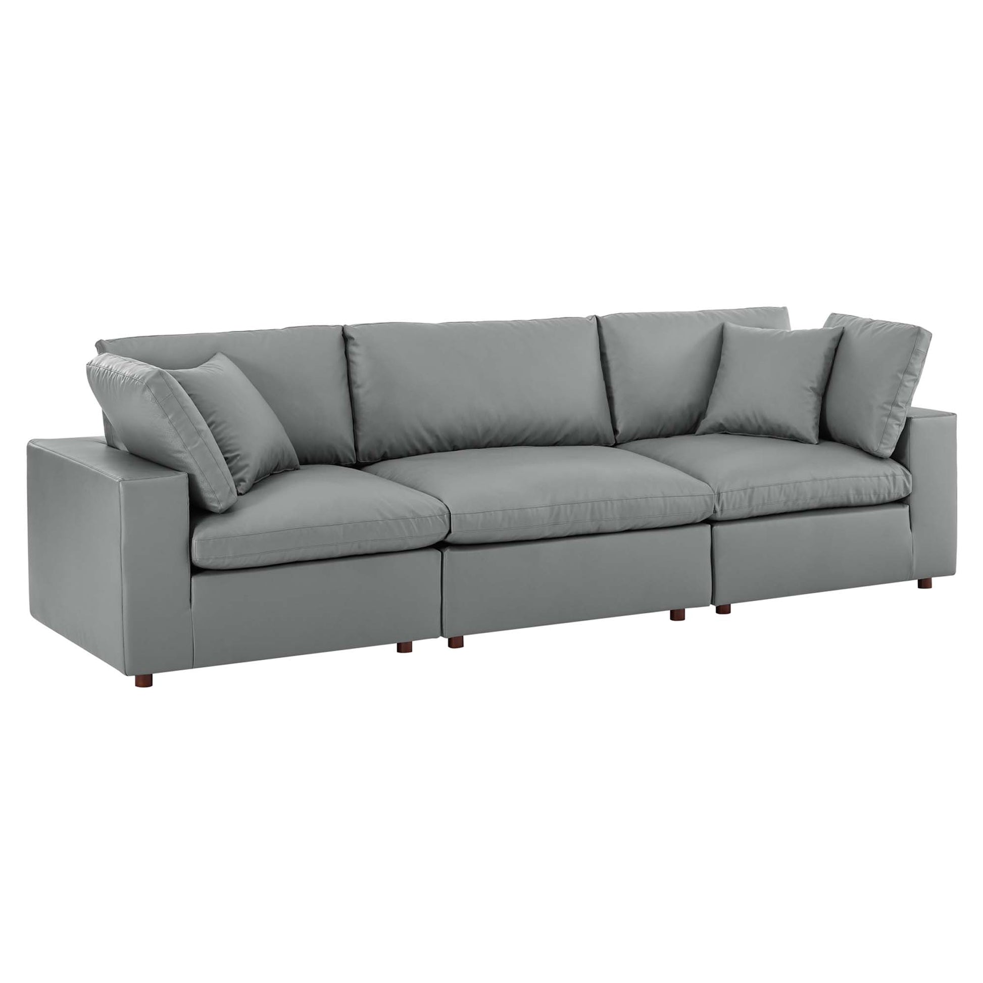 Commix Down Filled Overstuffed Vegan Leather 3-Seater Sofa - Gray