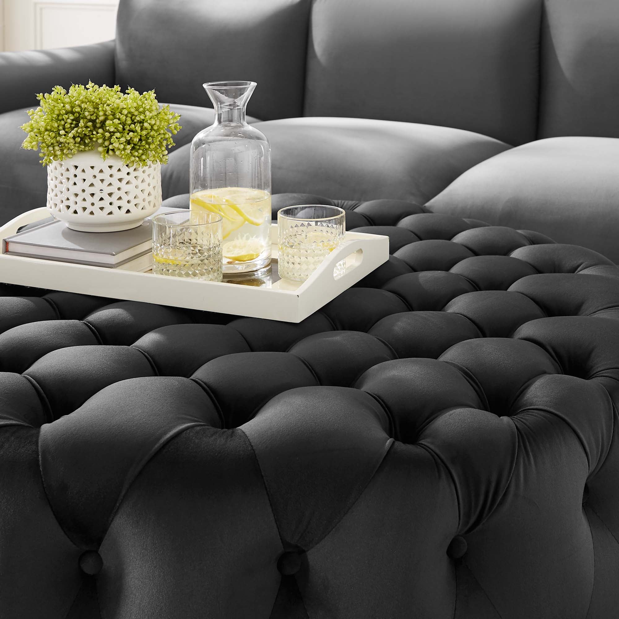 Amour Tufted Button Large Round Performance Velvet Ottoman - Light Gray