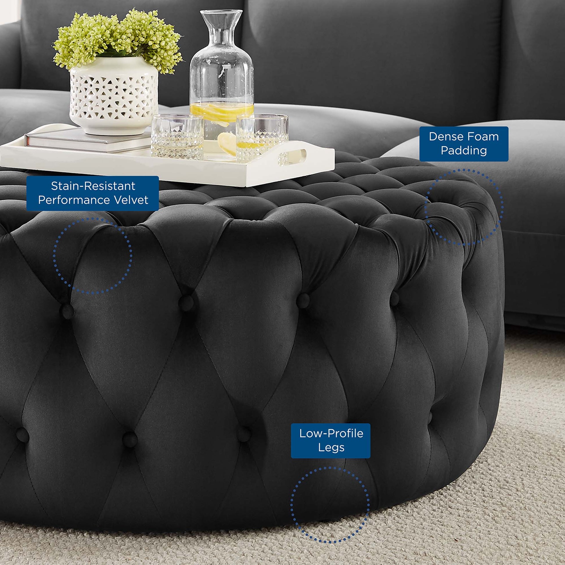 Amour Tufted Button Large Round Performance Velvet Ottoman - Gray