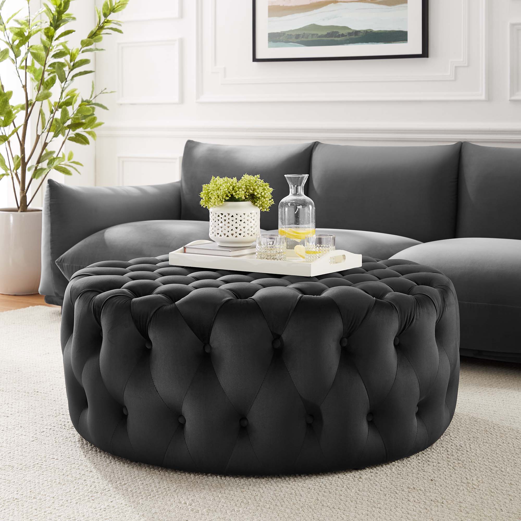 Amour Tufted Button Large Round Performance Velvet Ottoman - Emerald