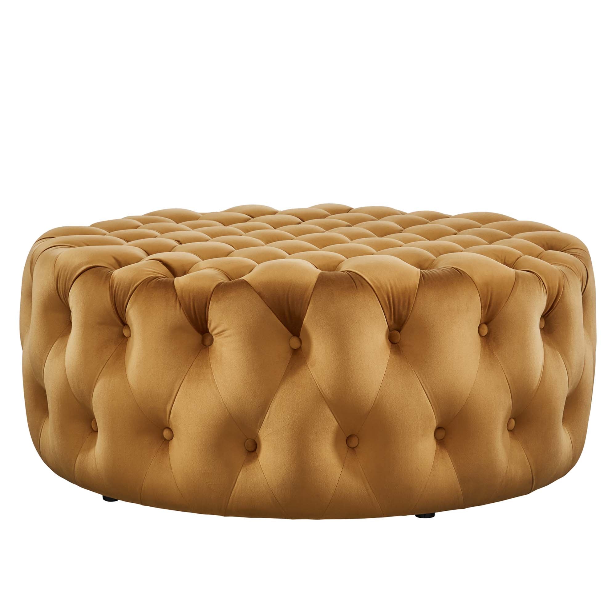 Amour Tufted Button Large Round Performance Velvet Ottoman - Teal