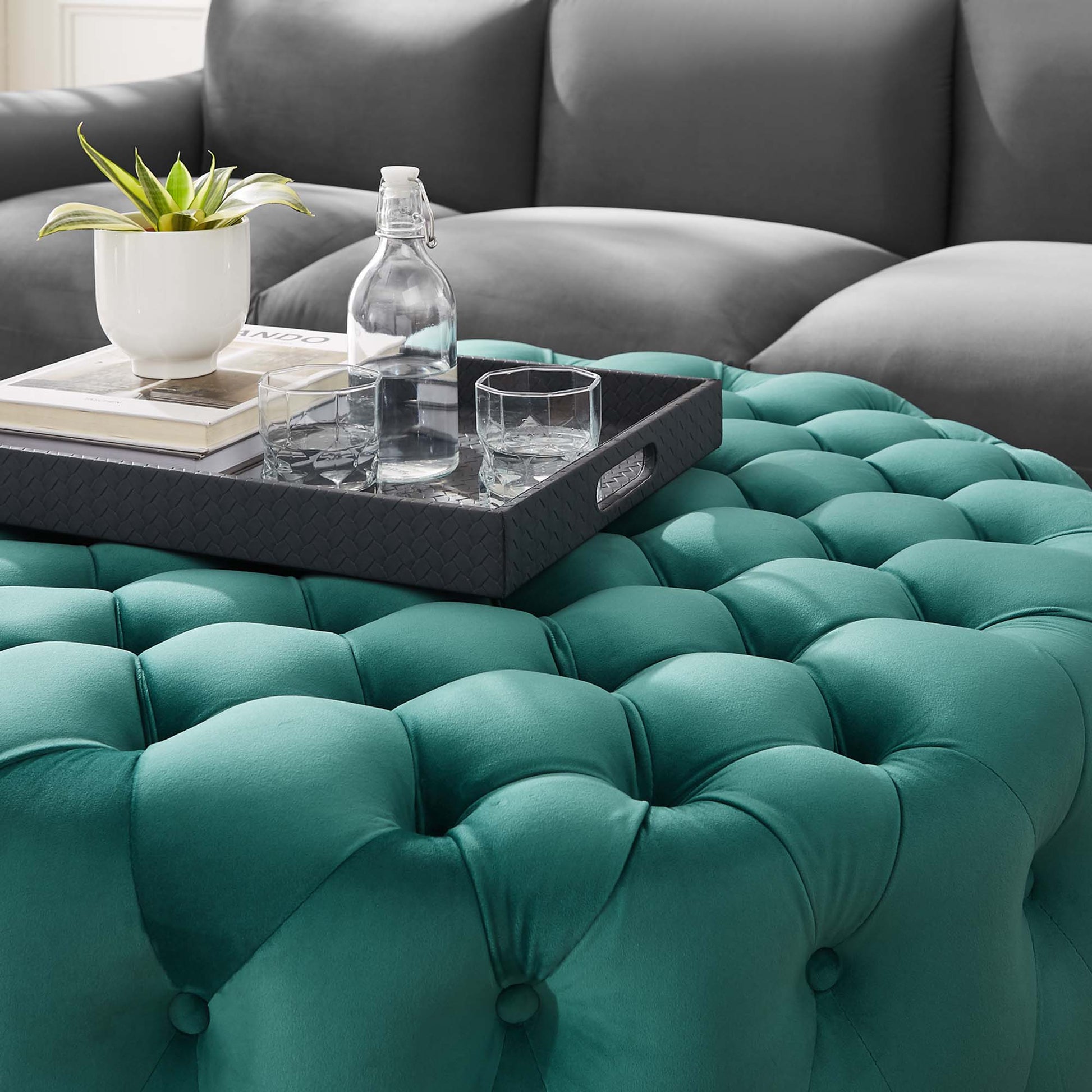 Amour Tufted Button Large Round Performance Velvet Ottoman