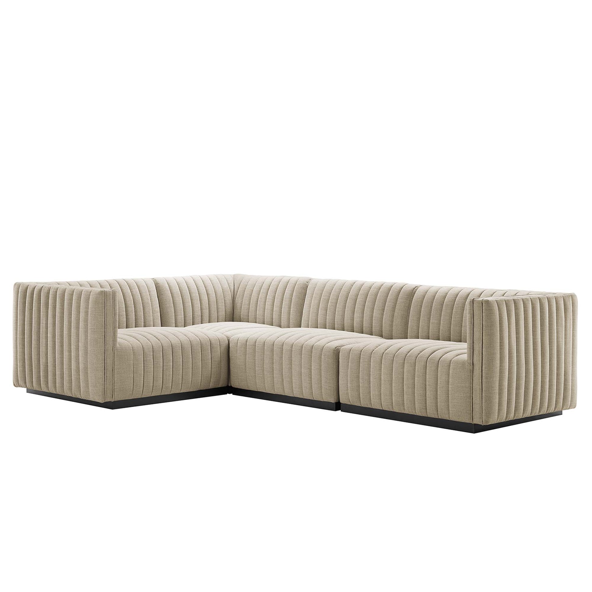 Conjure 4-Piece Channel Tufted Upholstered Fabric L-Shaped Sectional - Black Beige
