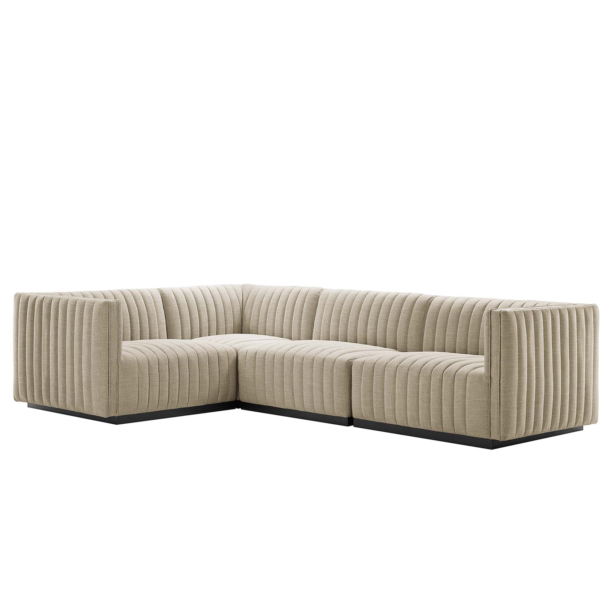 Conjure 4-Piece Channel Tufted Upholstered Fabric L-Shaped Sectional - Black Beige