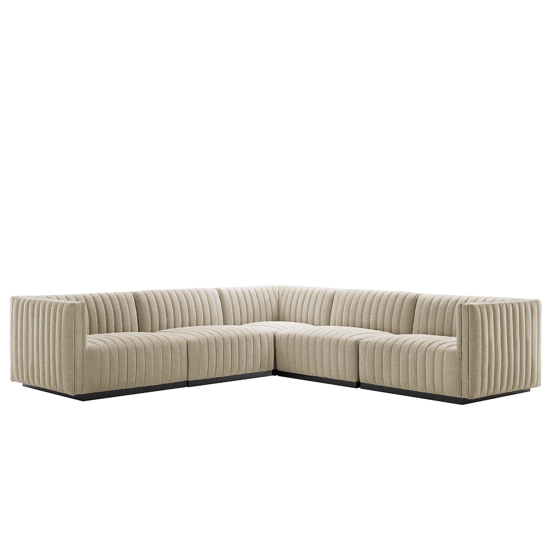 Conjure 5-Piece Channel Tufted Upholstered Fabric L-Shaped Sectional - Black Beige