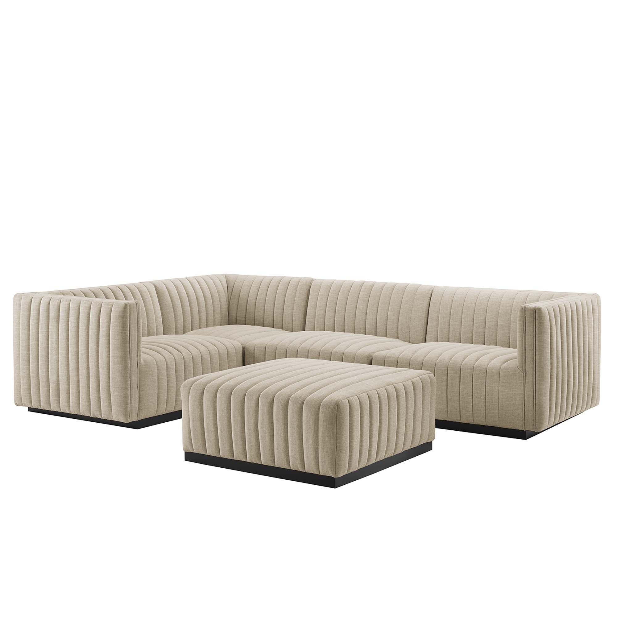 Conjure 5-Piece Channel Tufted Upholstered Fabric Sectional - Black Beige
