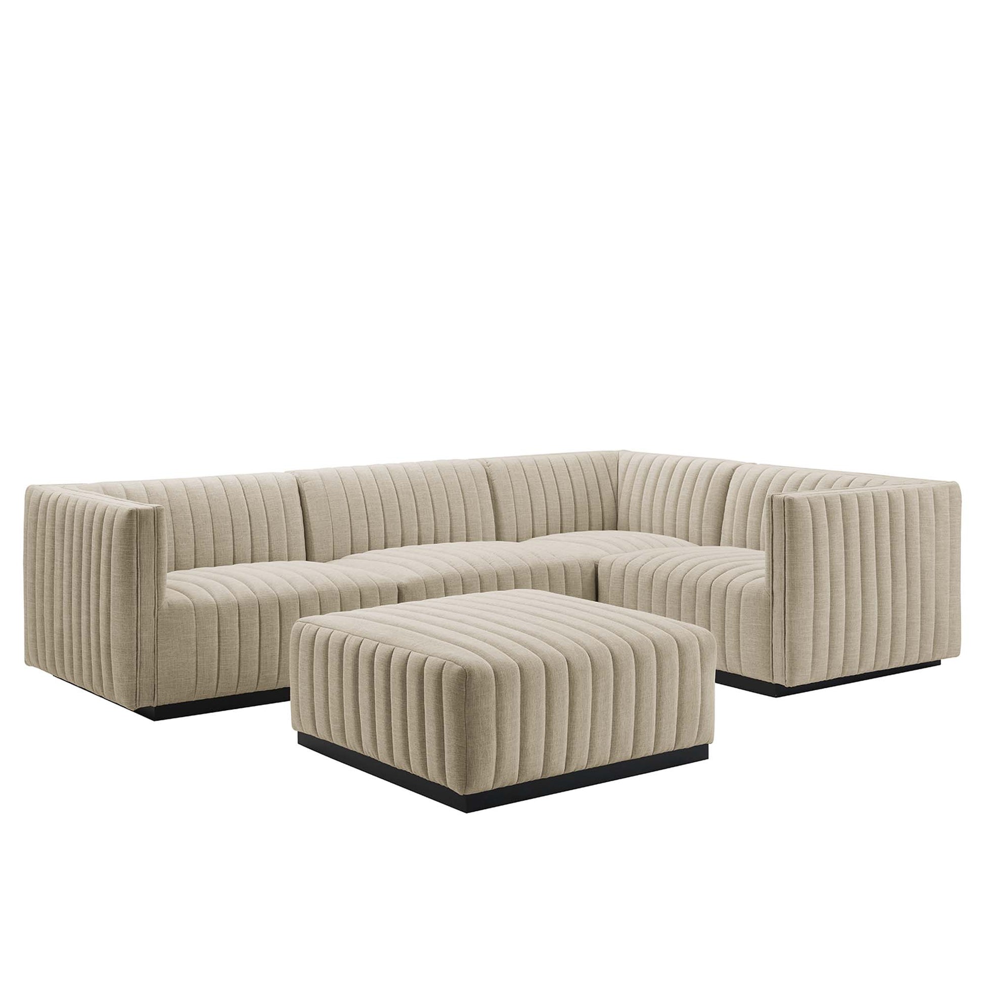 Conjure 5-Piece Channel Tufted Upholstered Fabric Sectional - Black Beige