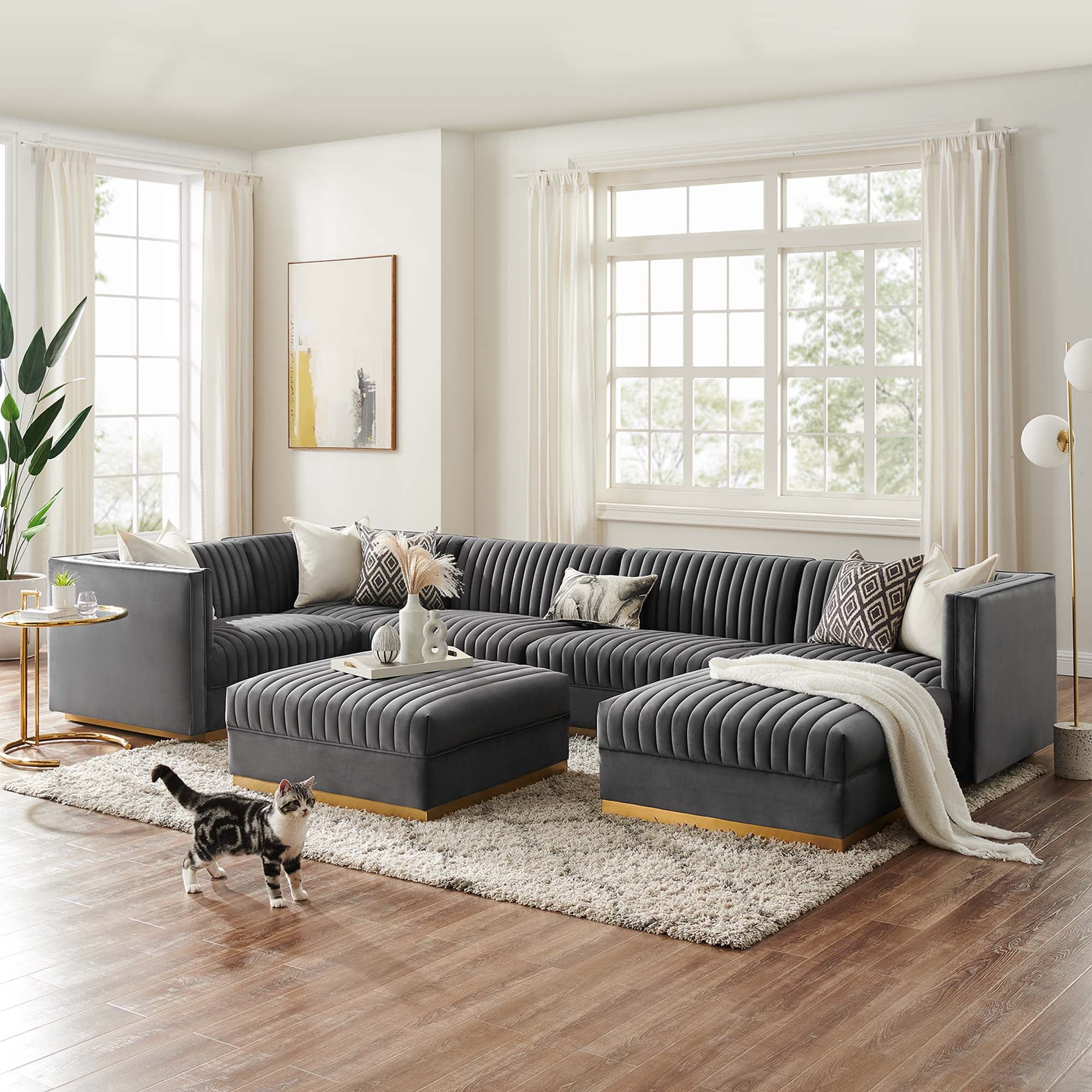 Sanguine 7-Piece Channel Tufted Performance Velvet Left-Facing Modular Sectional Sofa