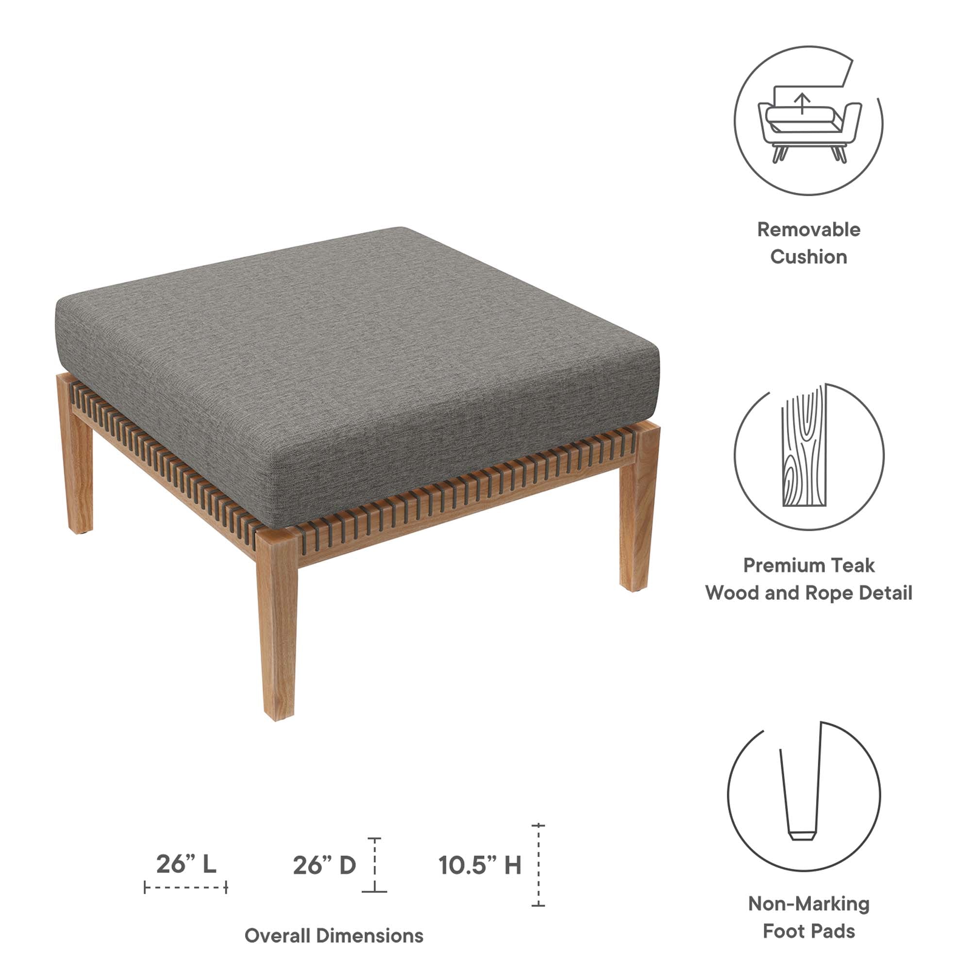 Clearwater Outdoor Patio Teak Wood Ottoman - Gray Light Brown