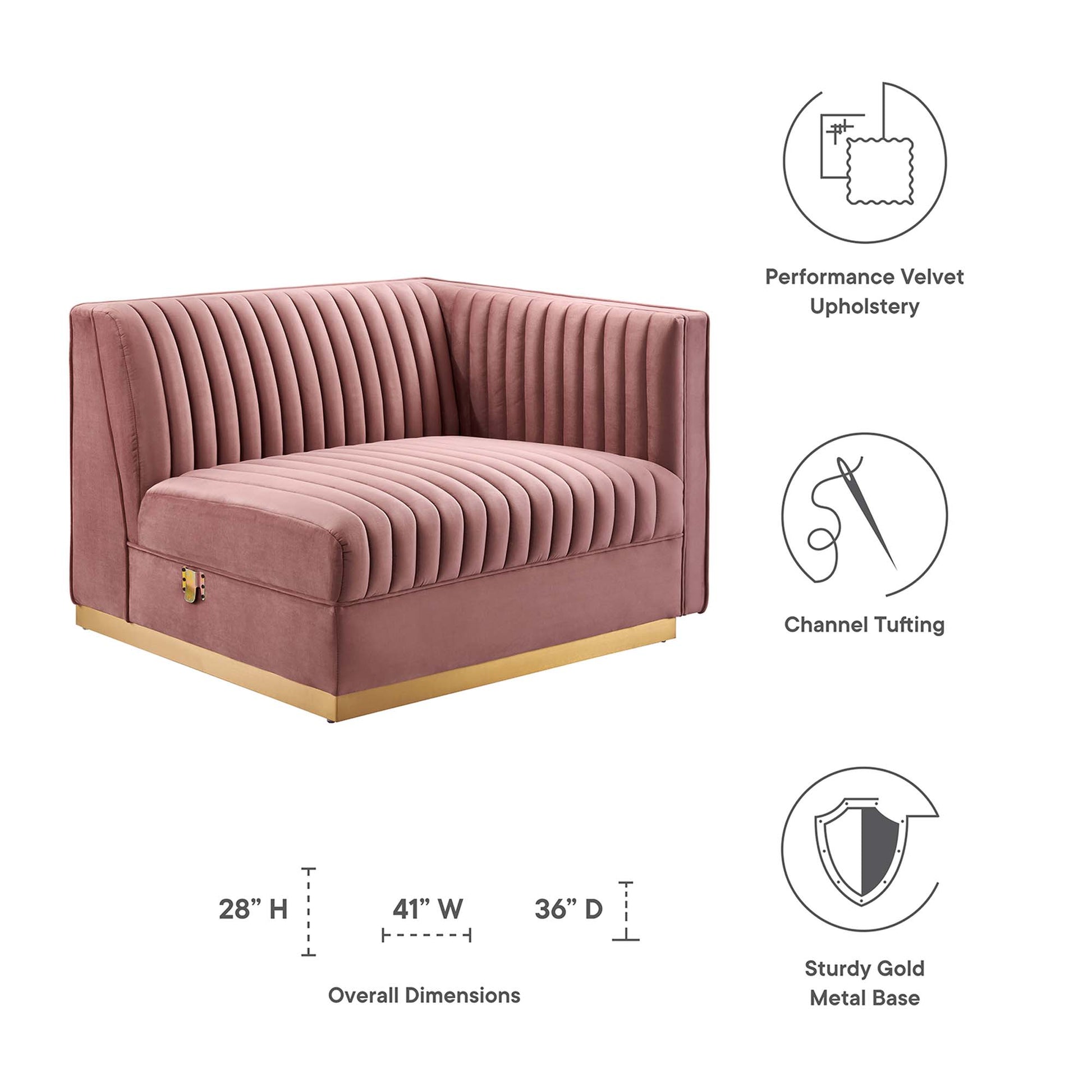 Sanguine Channel Tufted Performance Velvet Modular Sectional Sofa Right-Arm Chair - Gray