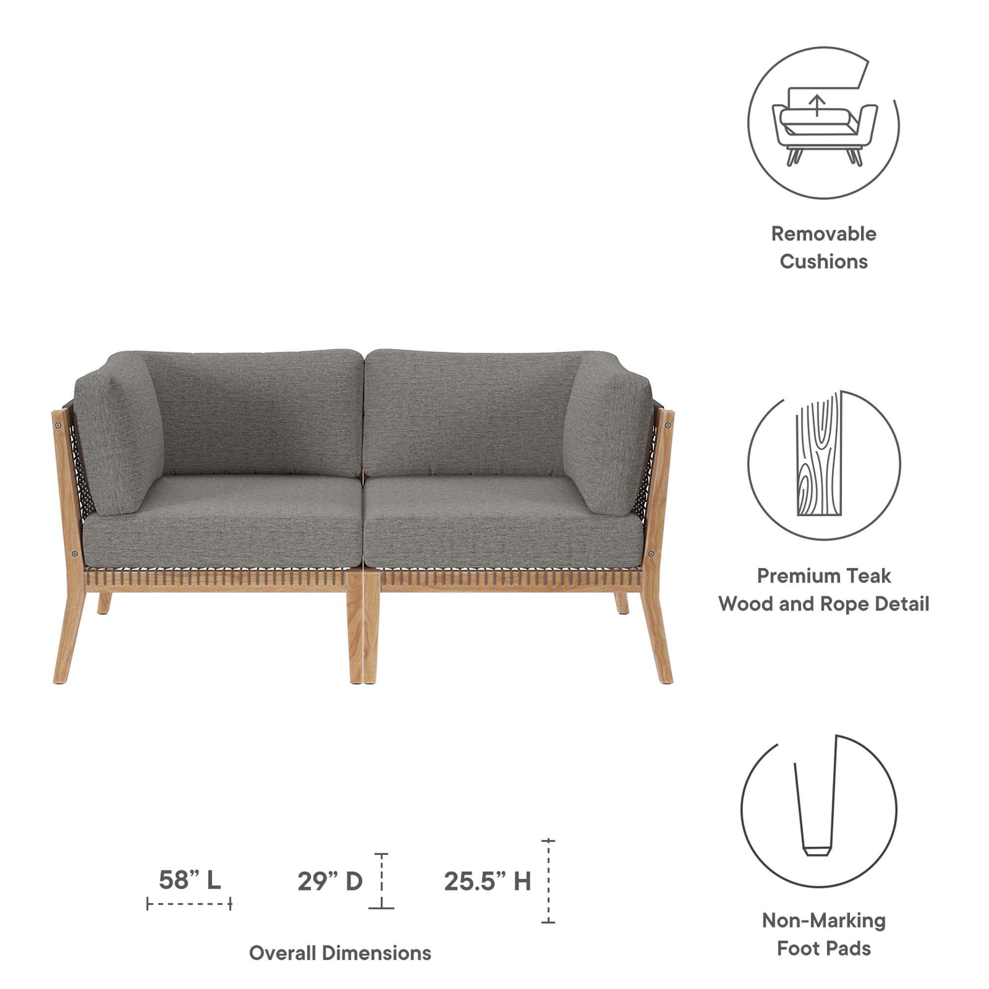 Clearwater Outdoor Patio Teak Wood Loveseat - Gray Light Brown