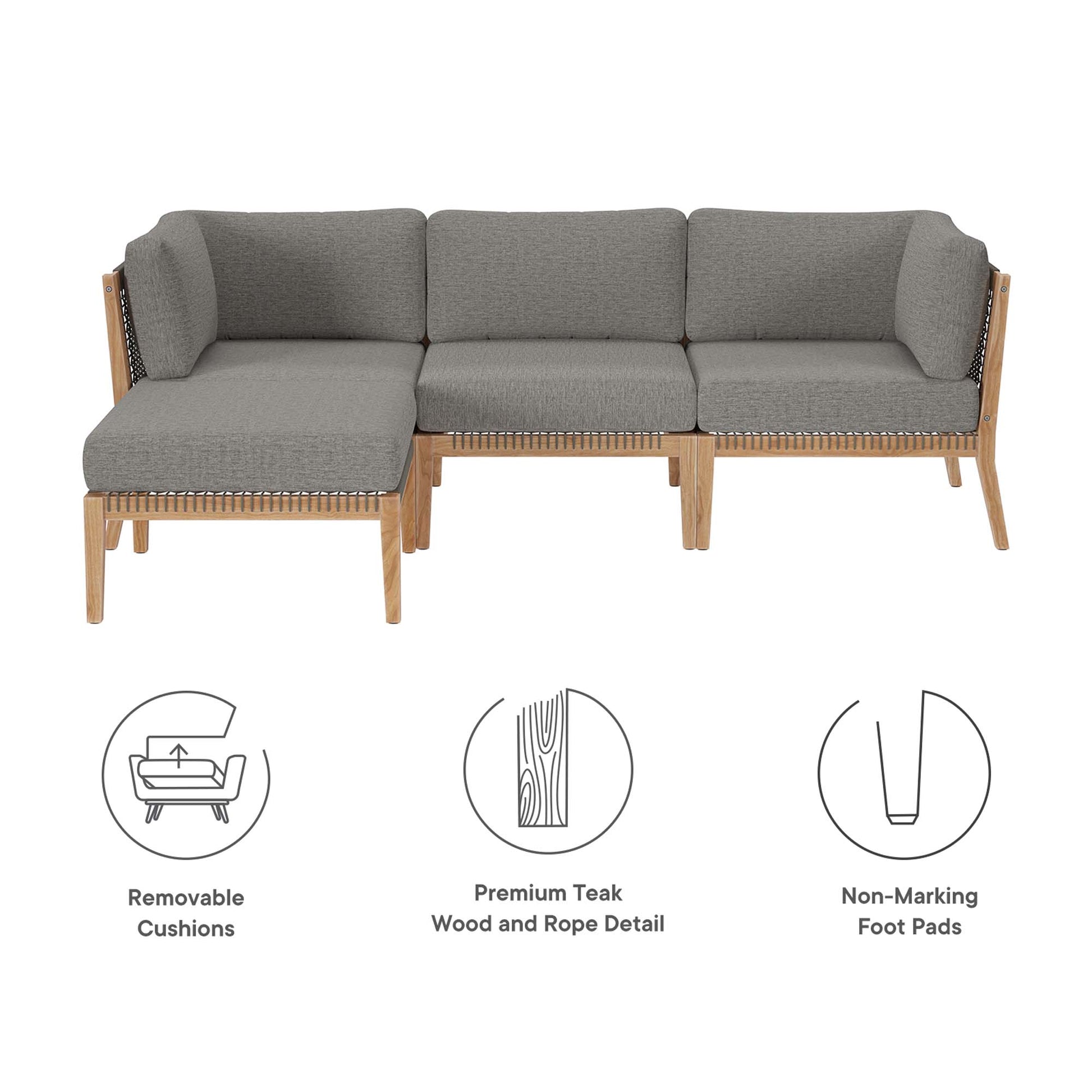 Clearwater Outdoor Patio Teak Wood 4-Piece Sectional Sofa - Gray Light Brown