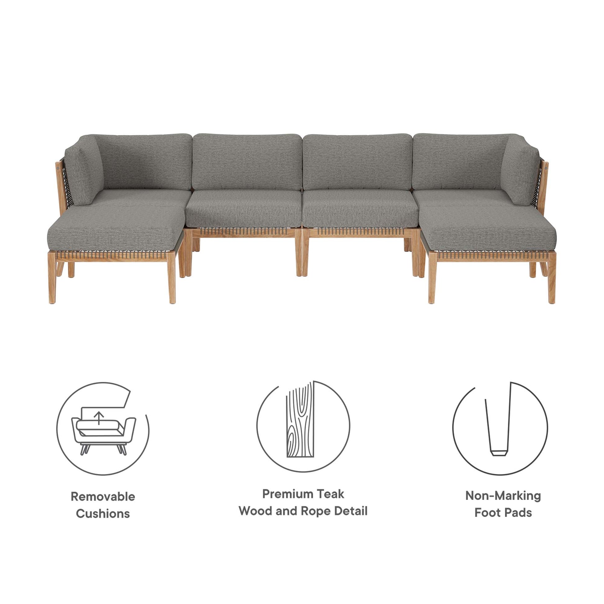 Clearwater Outdoor Patio Teak Wood 6-Piece Sectional Sofa - Gray Light Brown
