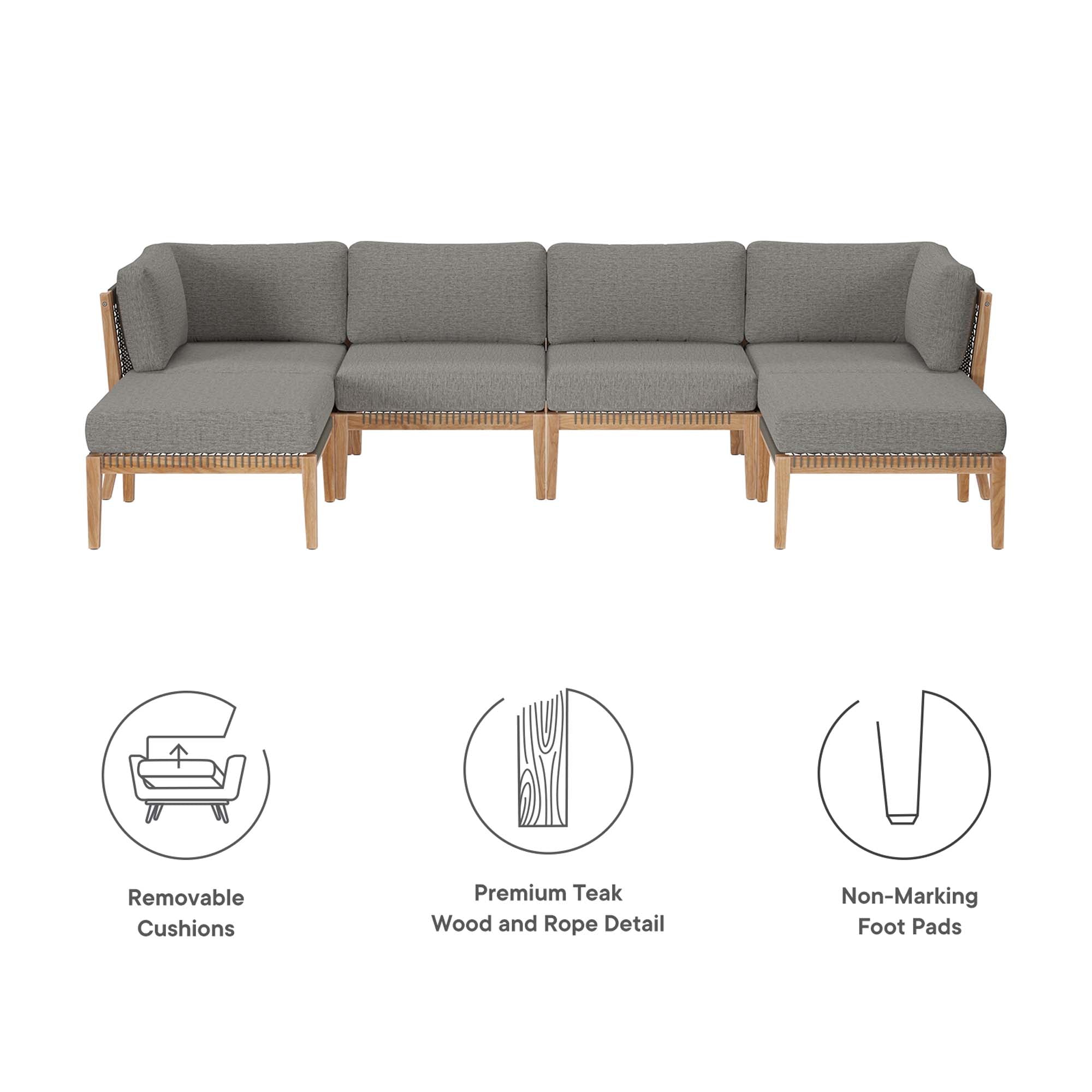 Clearwater Outdoor Patio Teak Wood 6-Piece Sectional Sofa - Gray Light Brown