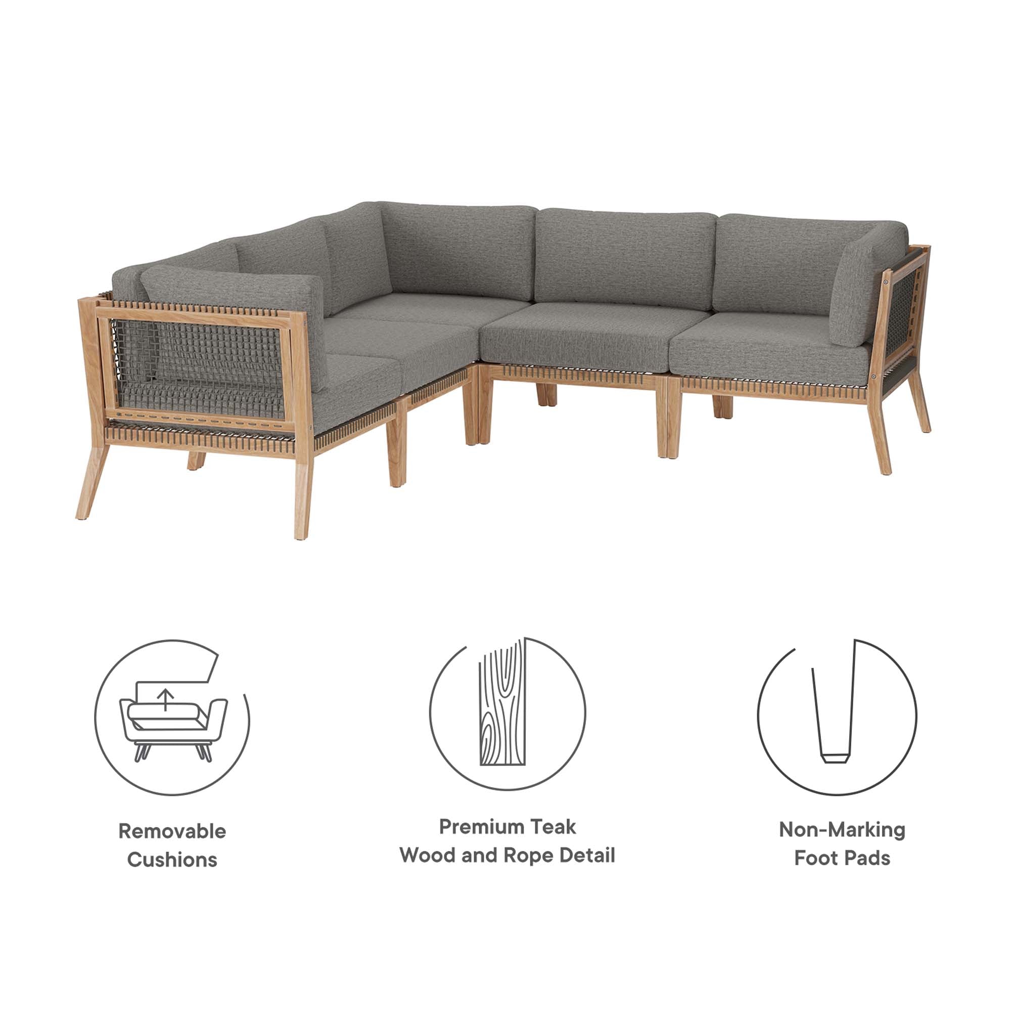 Clearwater Outdoor Patio Teak Wood 5-Piece Sectional Sofa - Gray Light Brown