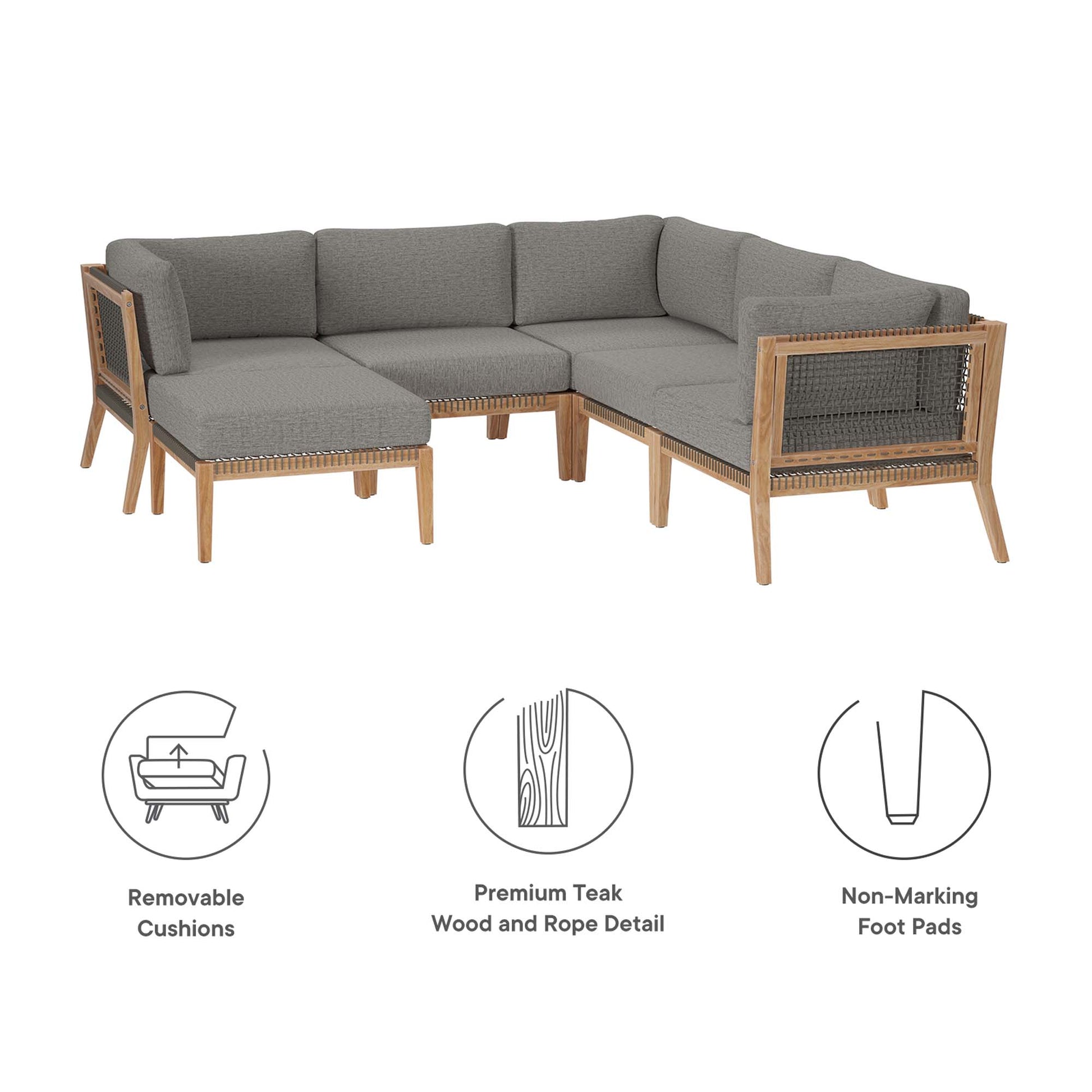 Clearwater Outdoor Patio Teak Wood 6-Piece Sectional Sofa - Gray Light Brown