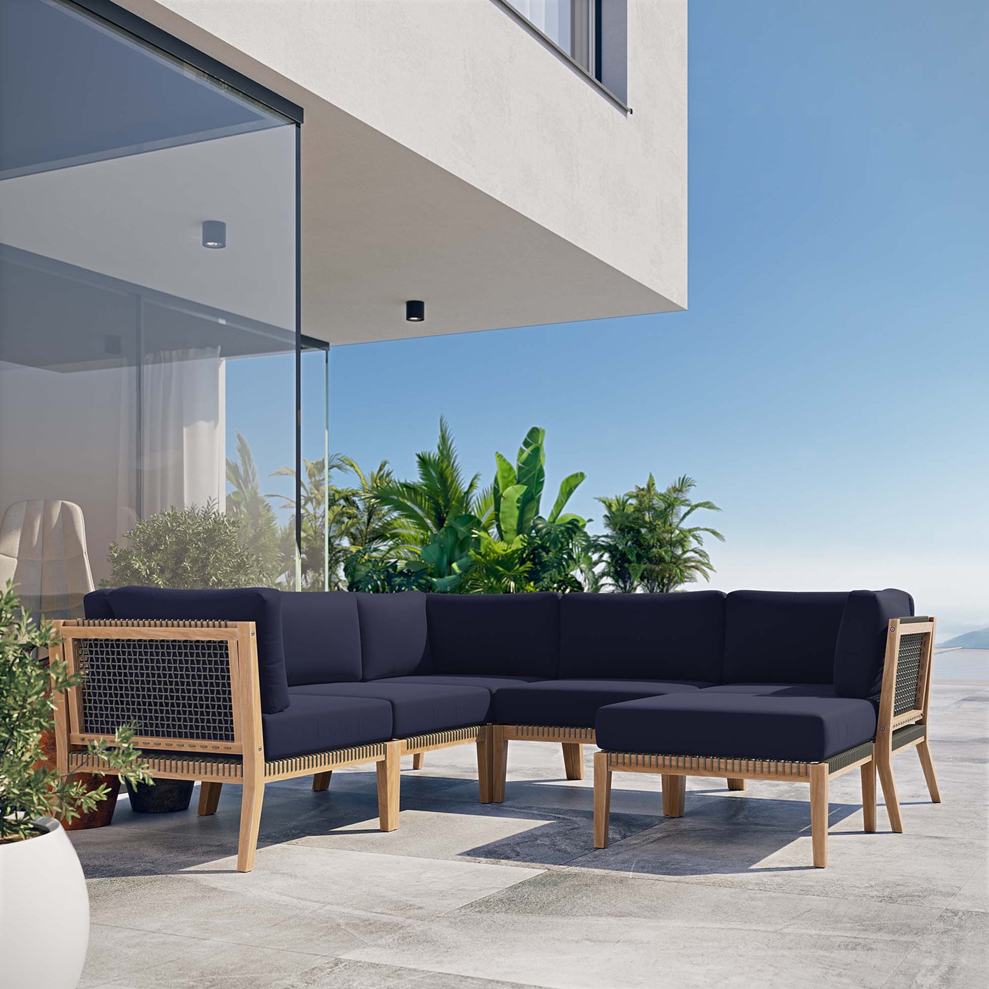 Clearwater Outdoor Patio Teak Wood 6-Piece Sectional Sofa