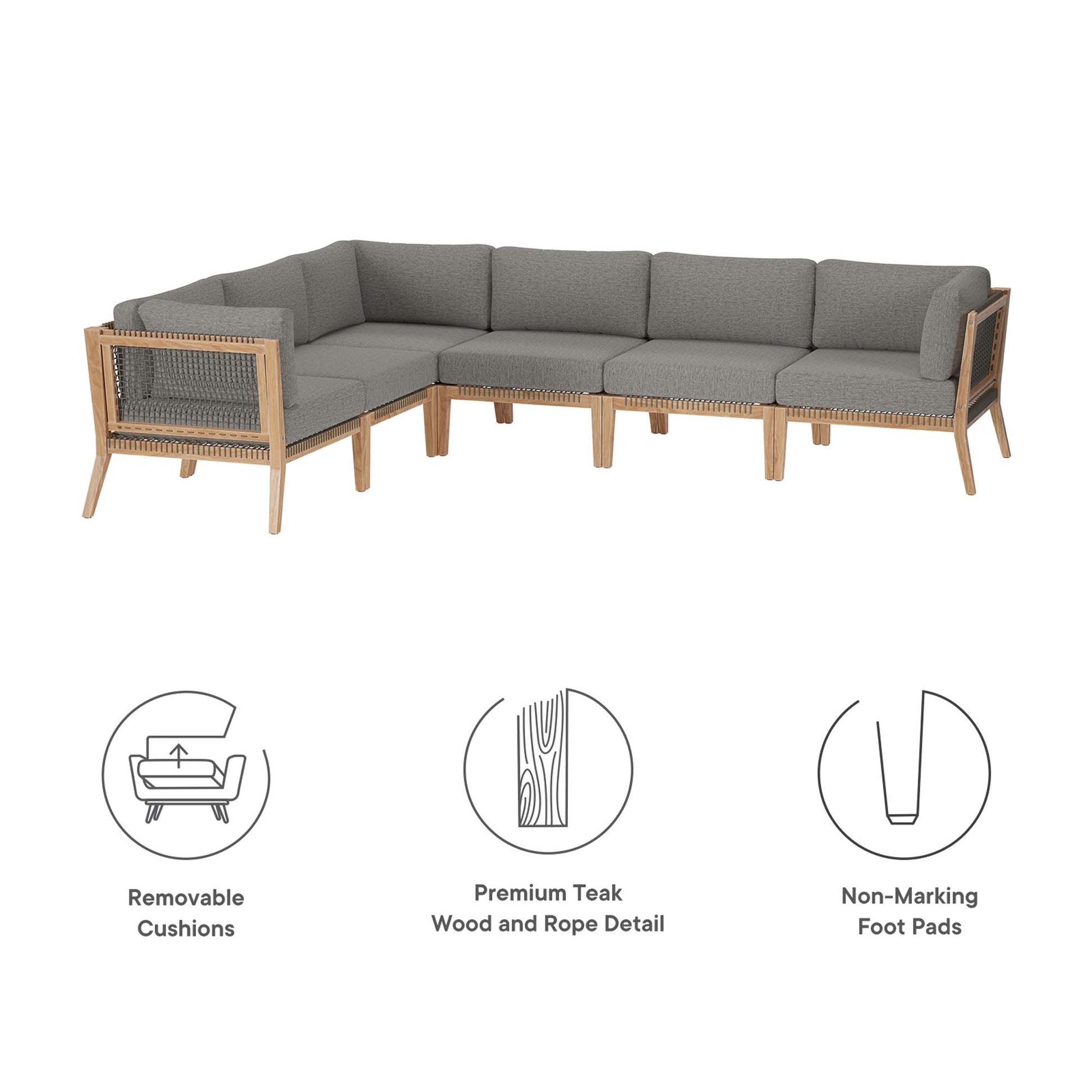 Clearwater Outdoor Patio Teak Wood 6-Piece Sectional Sofa - Gray Light Brown