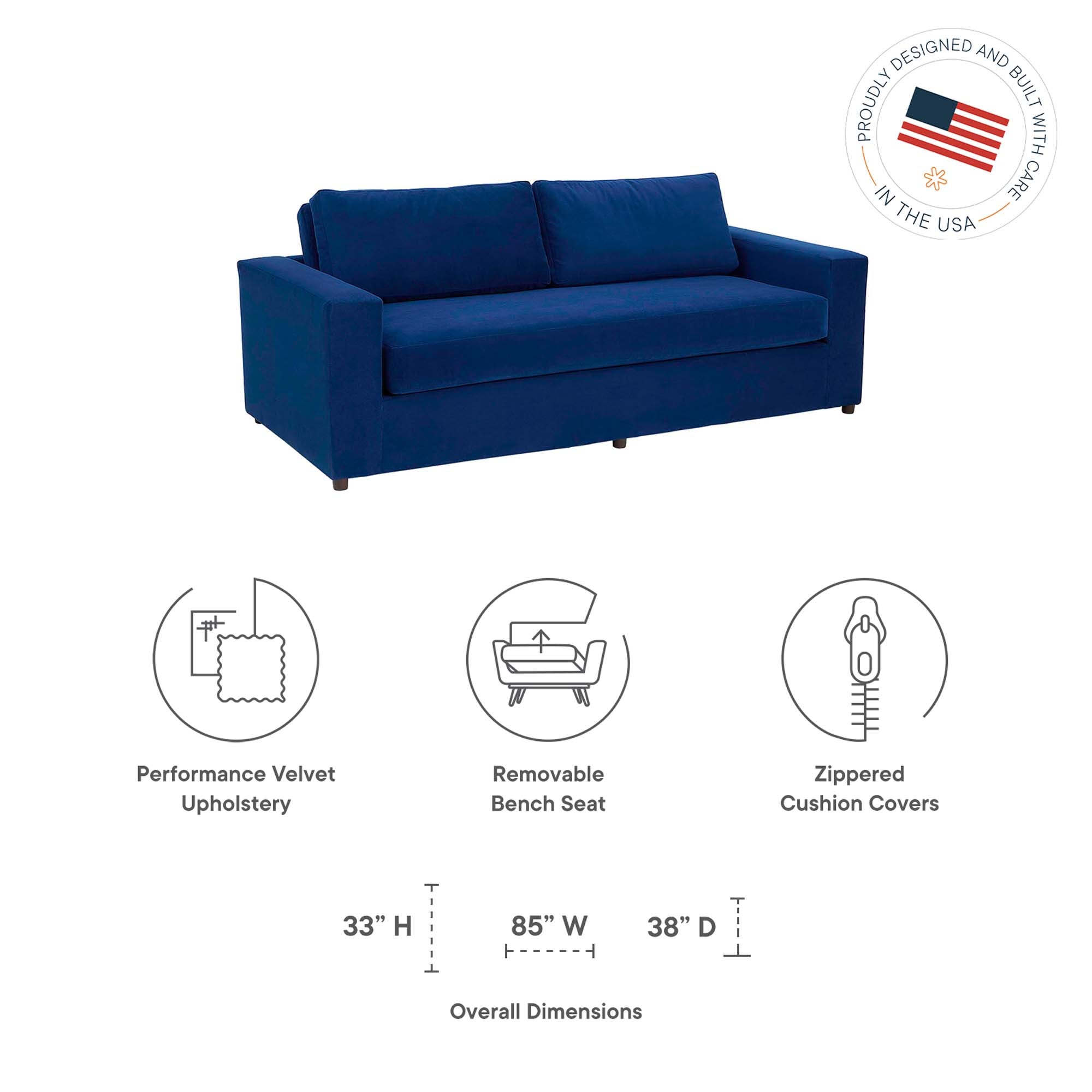 Avendale Velvet Sofa – Made in the USA With Bench Seat Cushion - Dove White