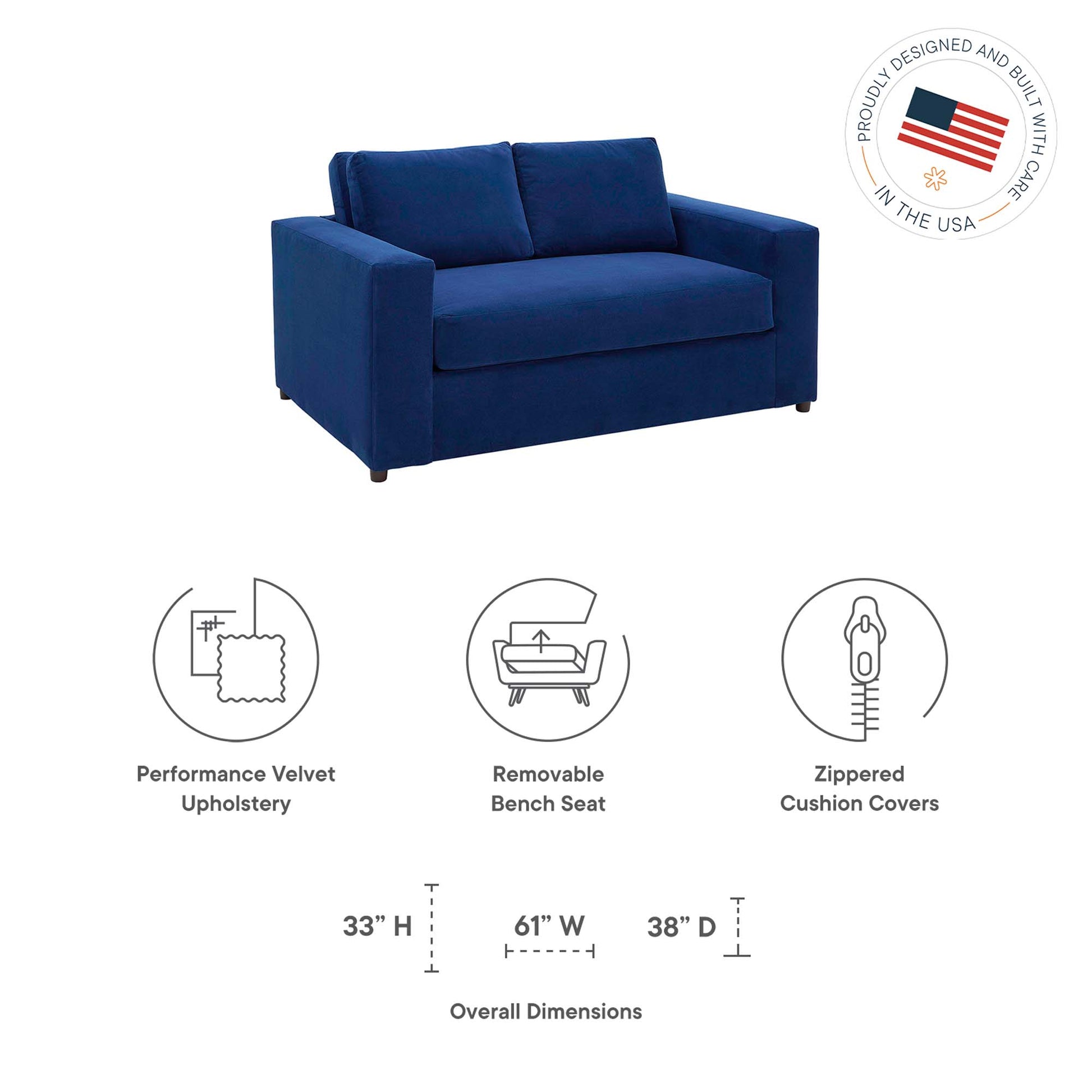 Avendale Velvet Loveseat – Made in the USA With Bench Seat Cushion - Dove White