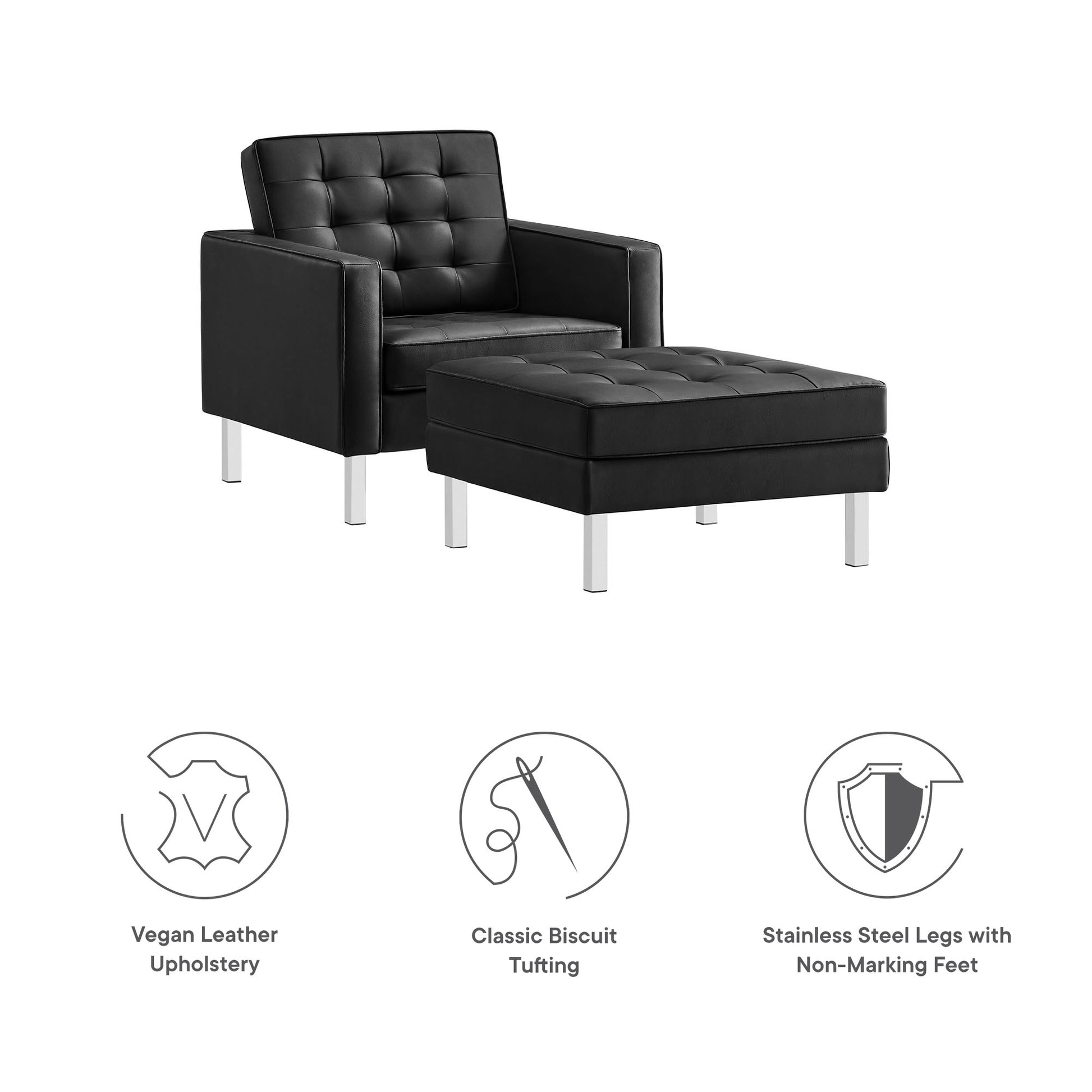 Loft Tufted Vegan Leather Armchair and Ottoman Set - Silver Gray