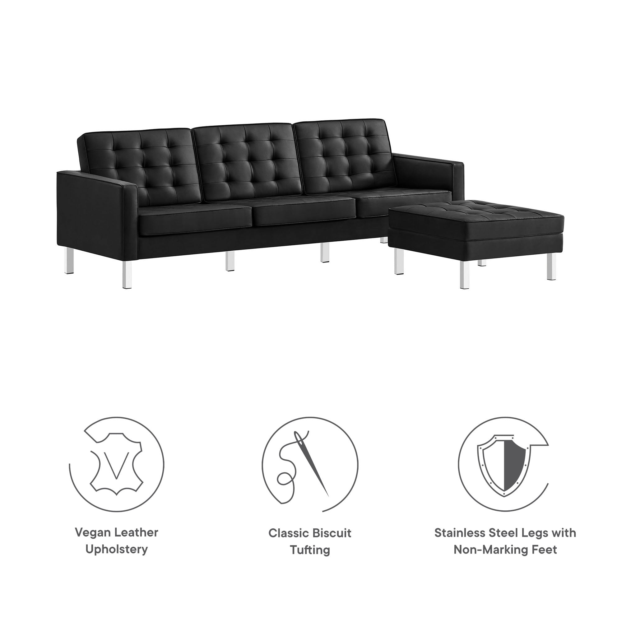 Loft Tufted Vegan Leather Sofa and Ottoman Set - Silver Gray