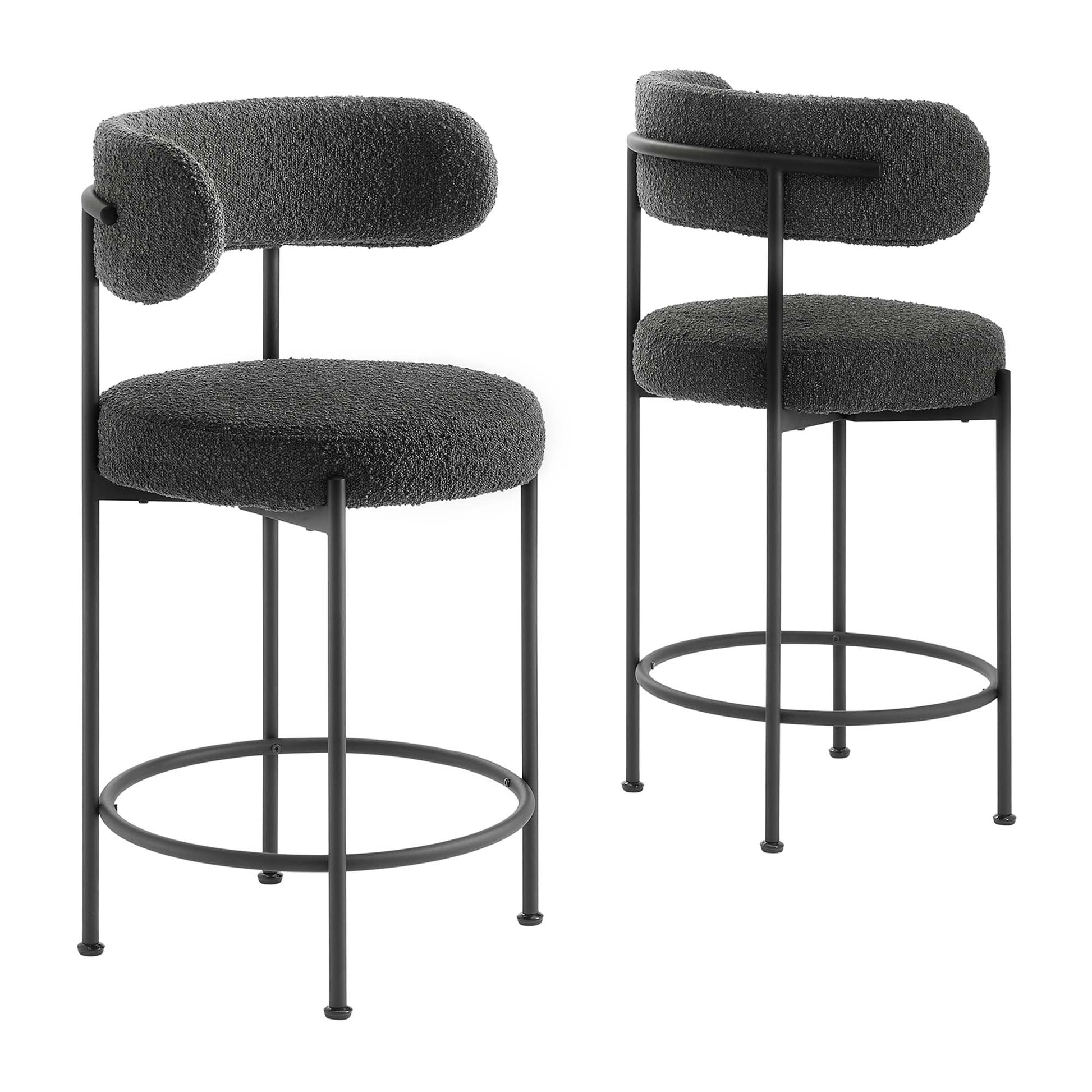 Albie Boucle Fabric Counter Stools - Set of 2 - Charcoal Black
